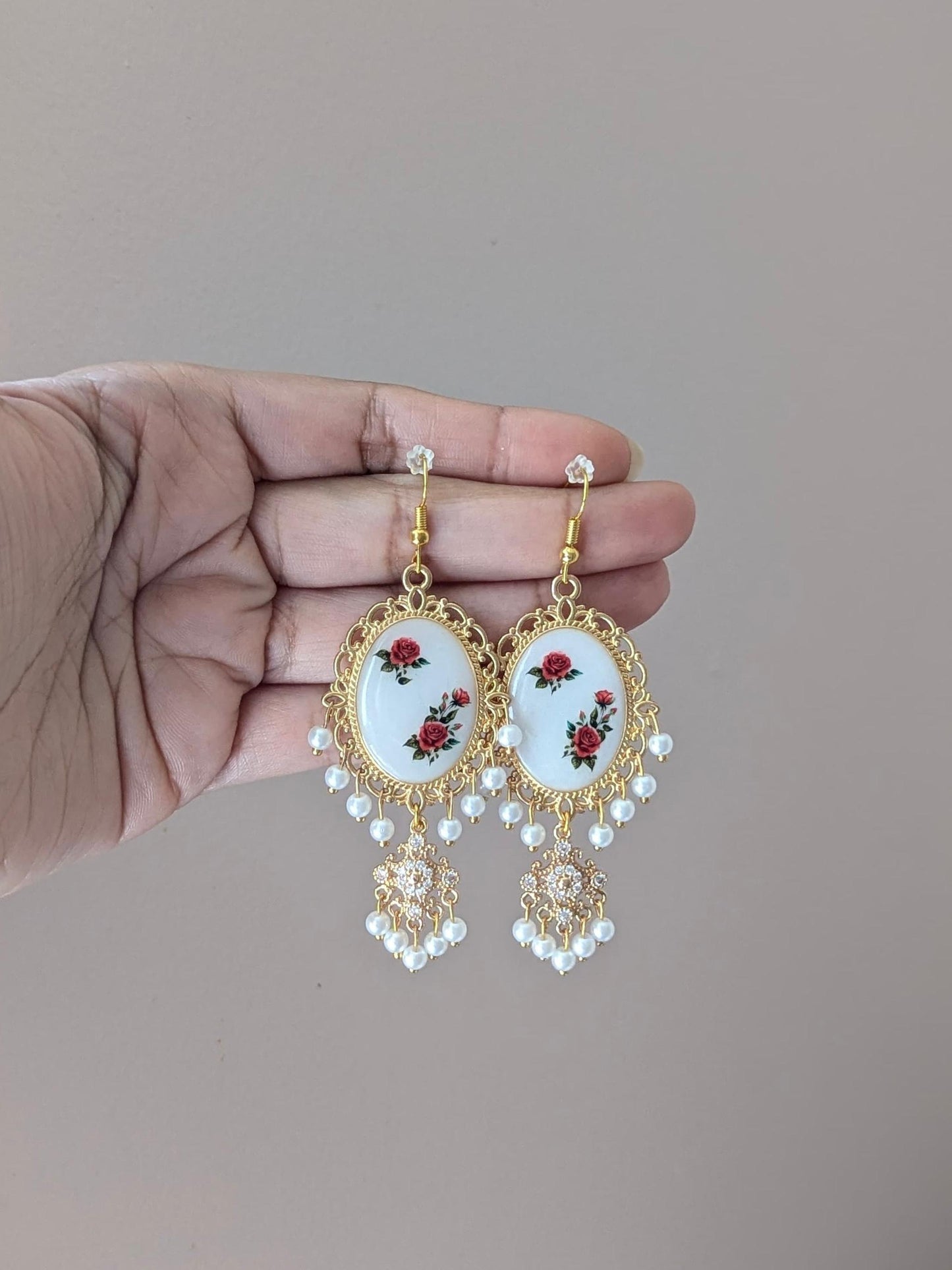 Red roses white dainty drop earrings