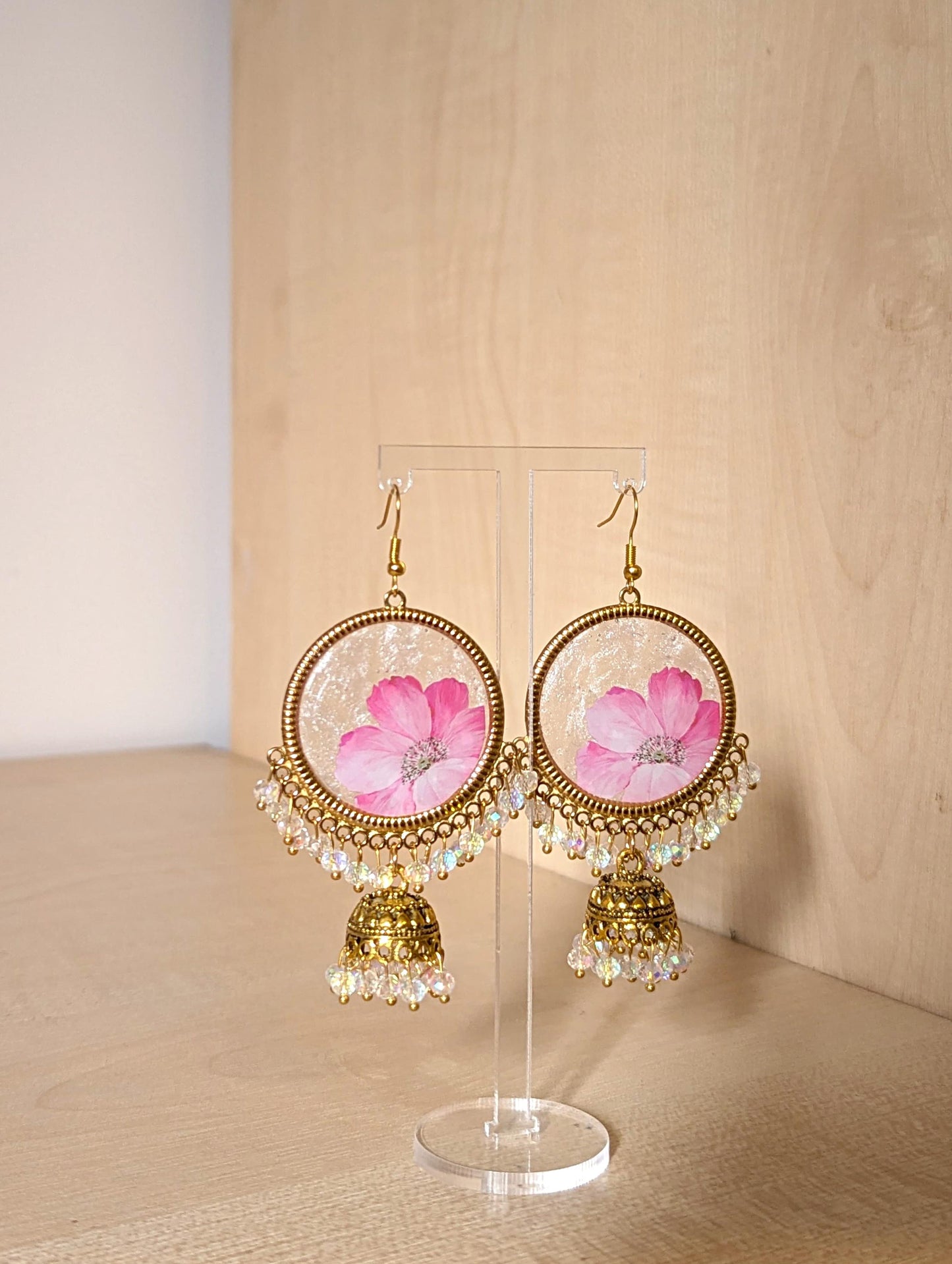 Pink Floral White Crystal Jhumka Earrings