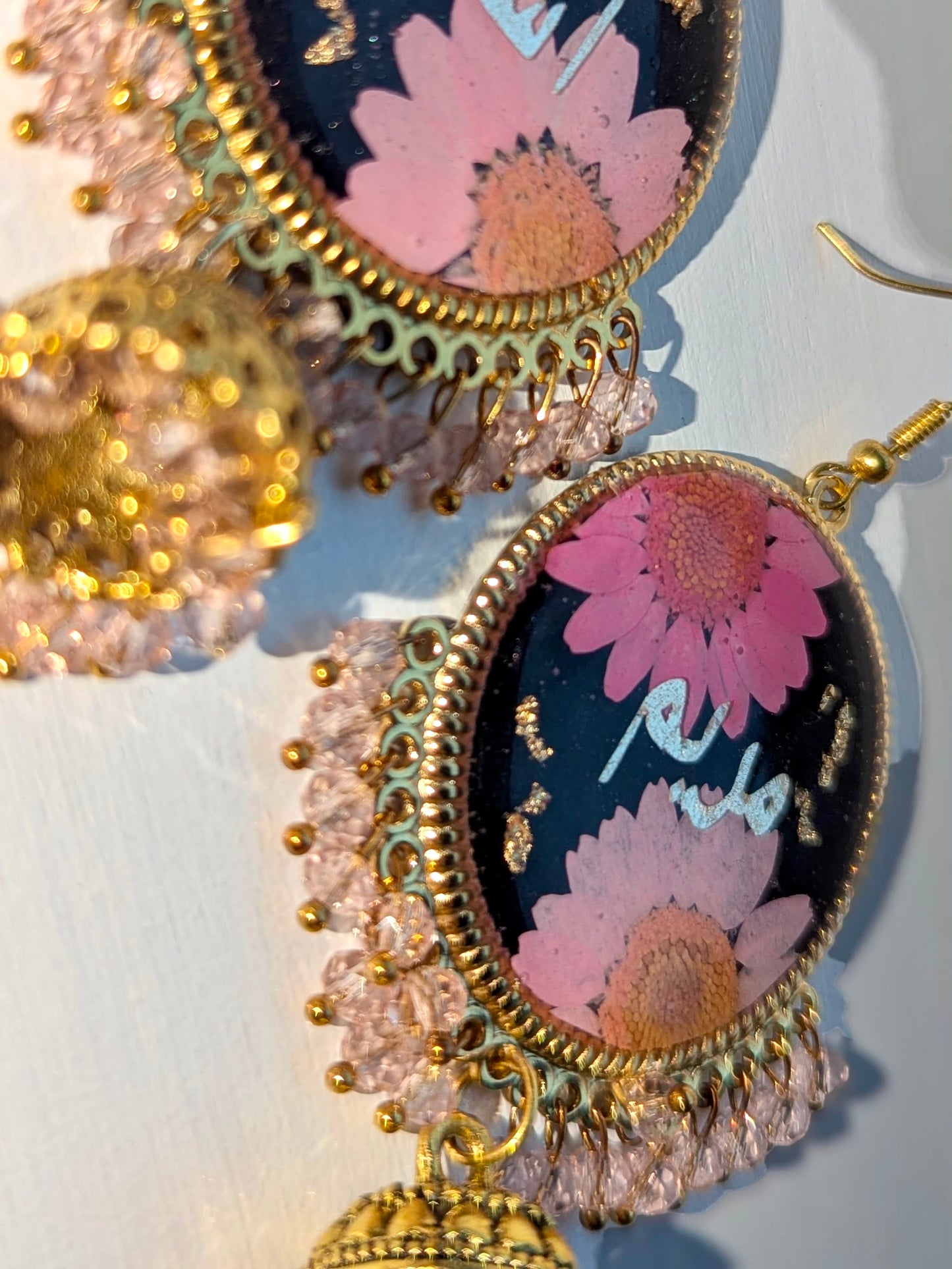 Him & Her Black and Pink Floral Name Jhumkas