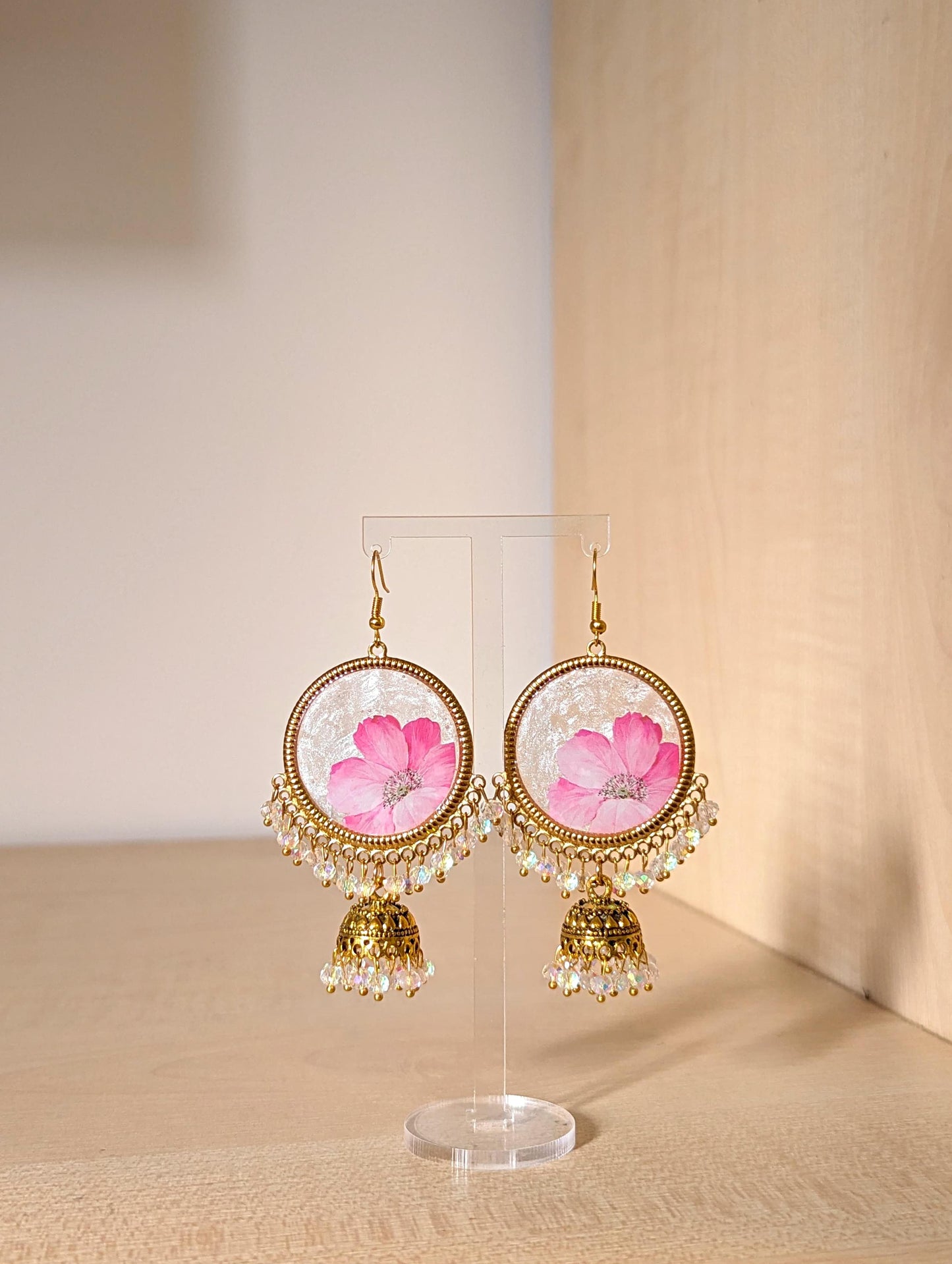 Pink Floral White Crystal Jhumka Earrings
