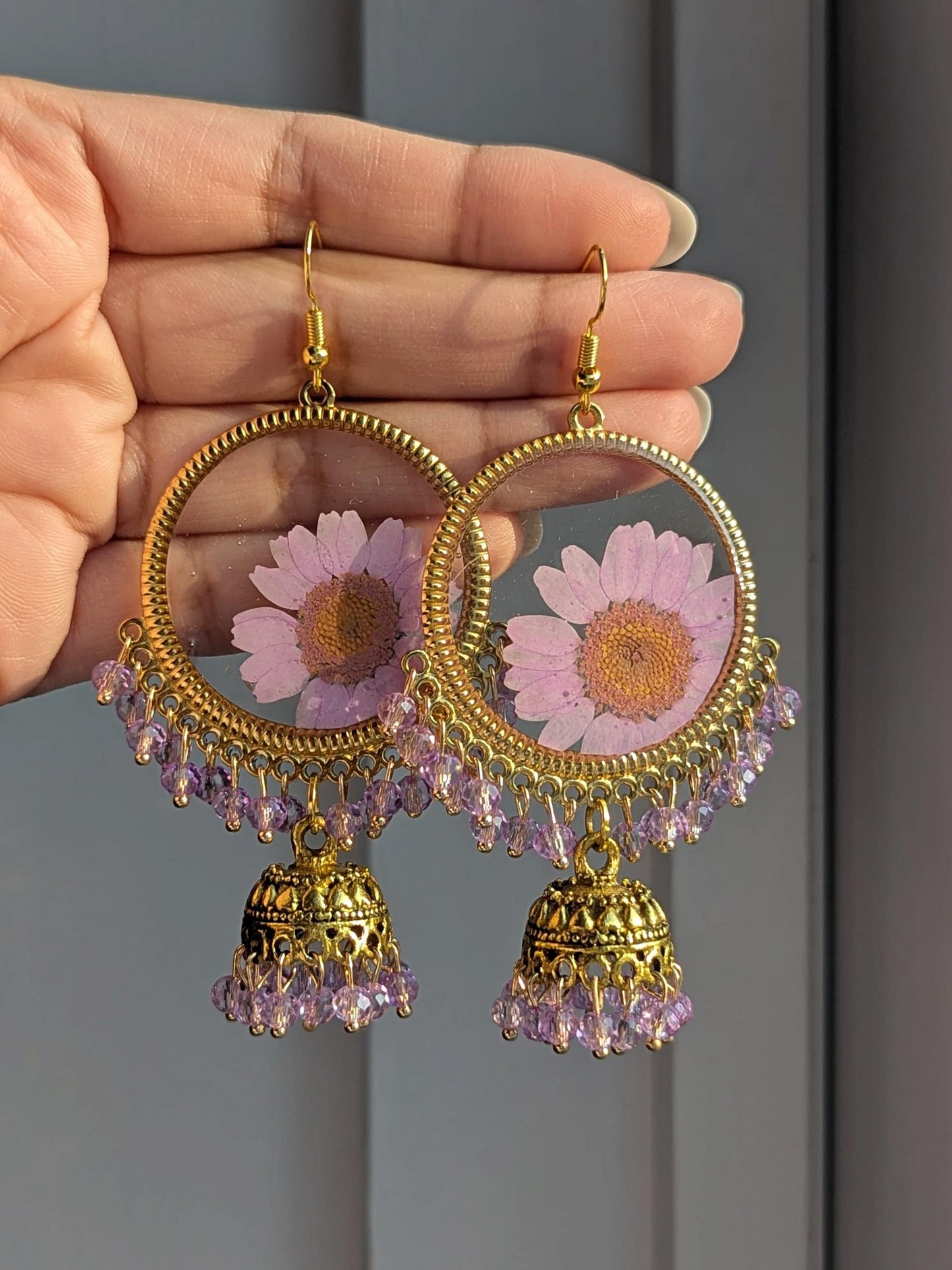 Purple Real Flowers Jhumkay in Gold