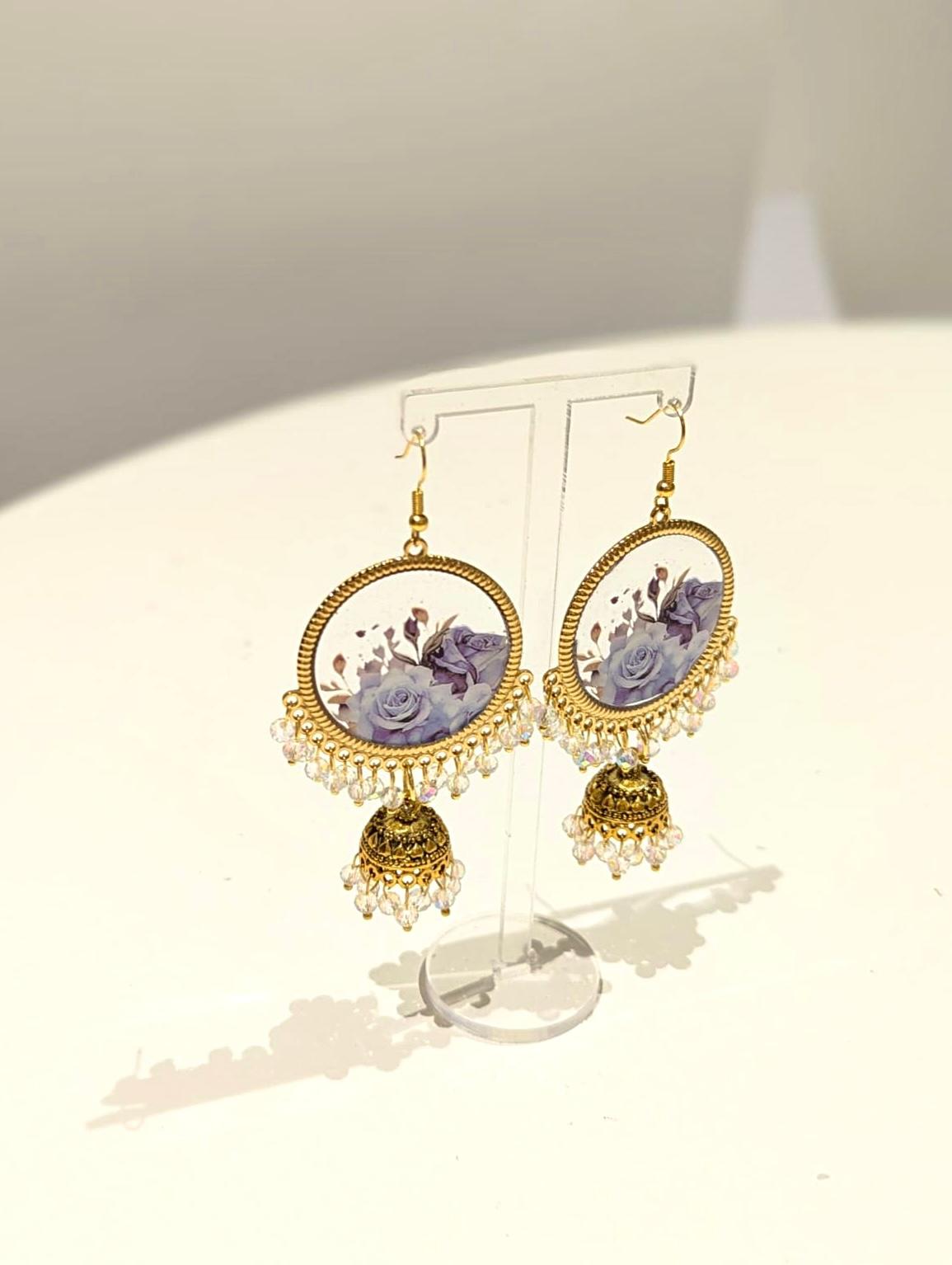 Blue Floral Bouquet Jhumka Earrings in Gold