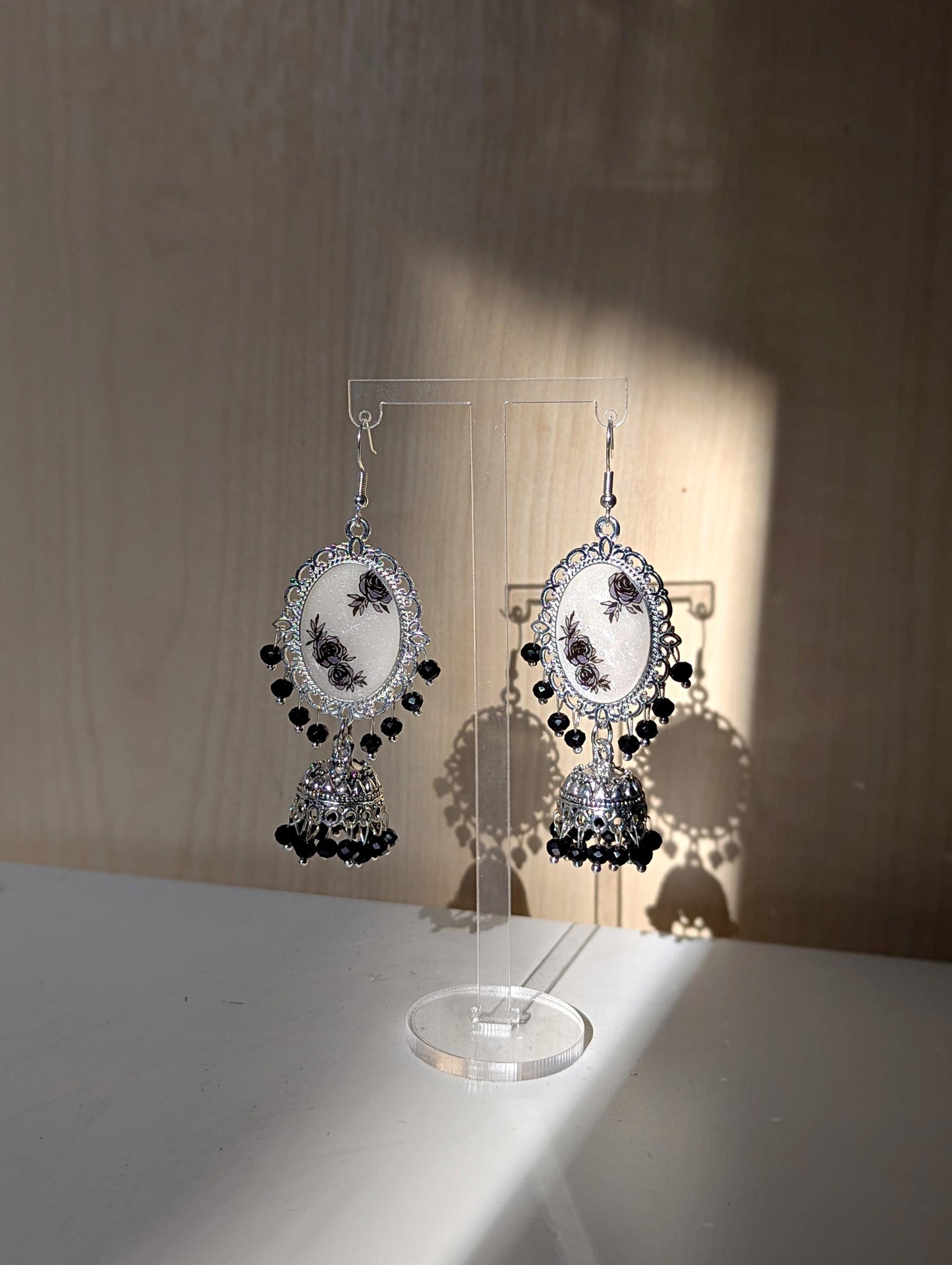 Black and White Silver Jhumka Resin Earrings