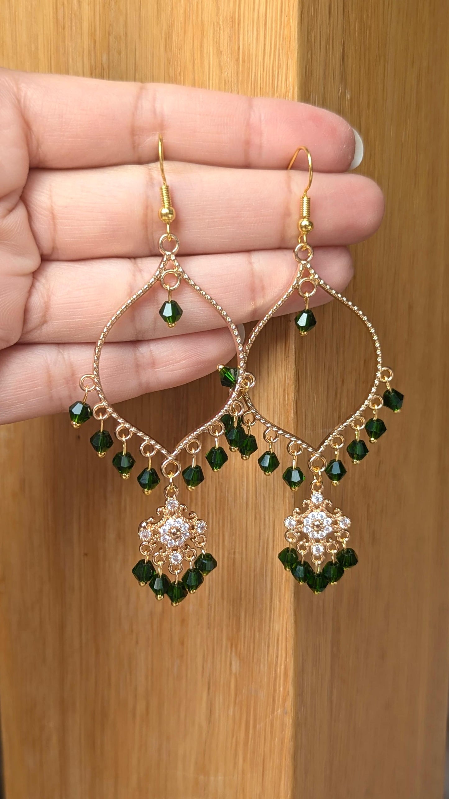 Green Dainty Drop Earrings in Gold
