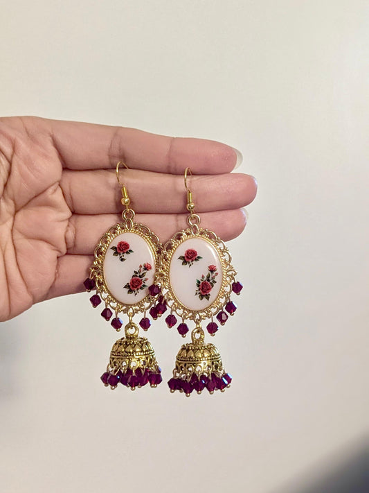 White and Maroon rose gold jhumka earrings