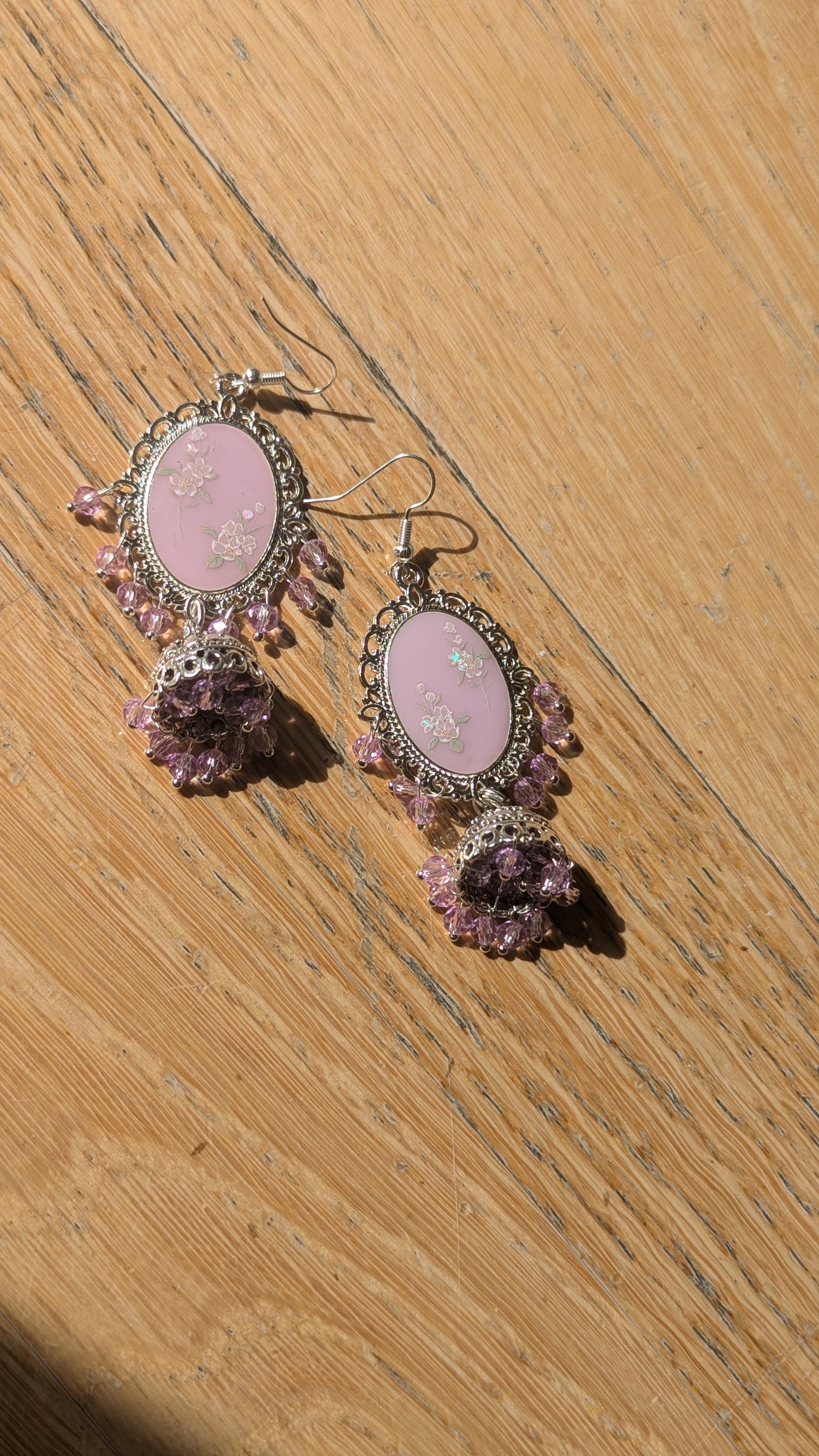 Purple White Flower Jhumka Earrings in Silver