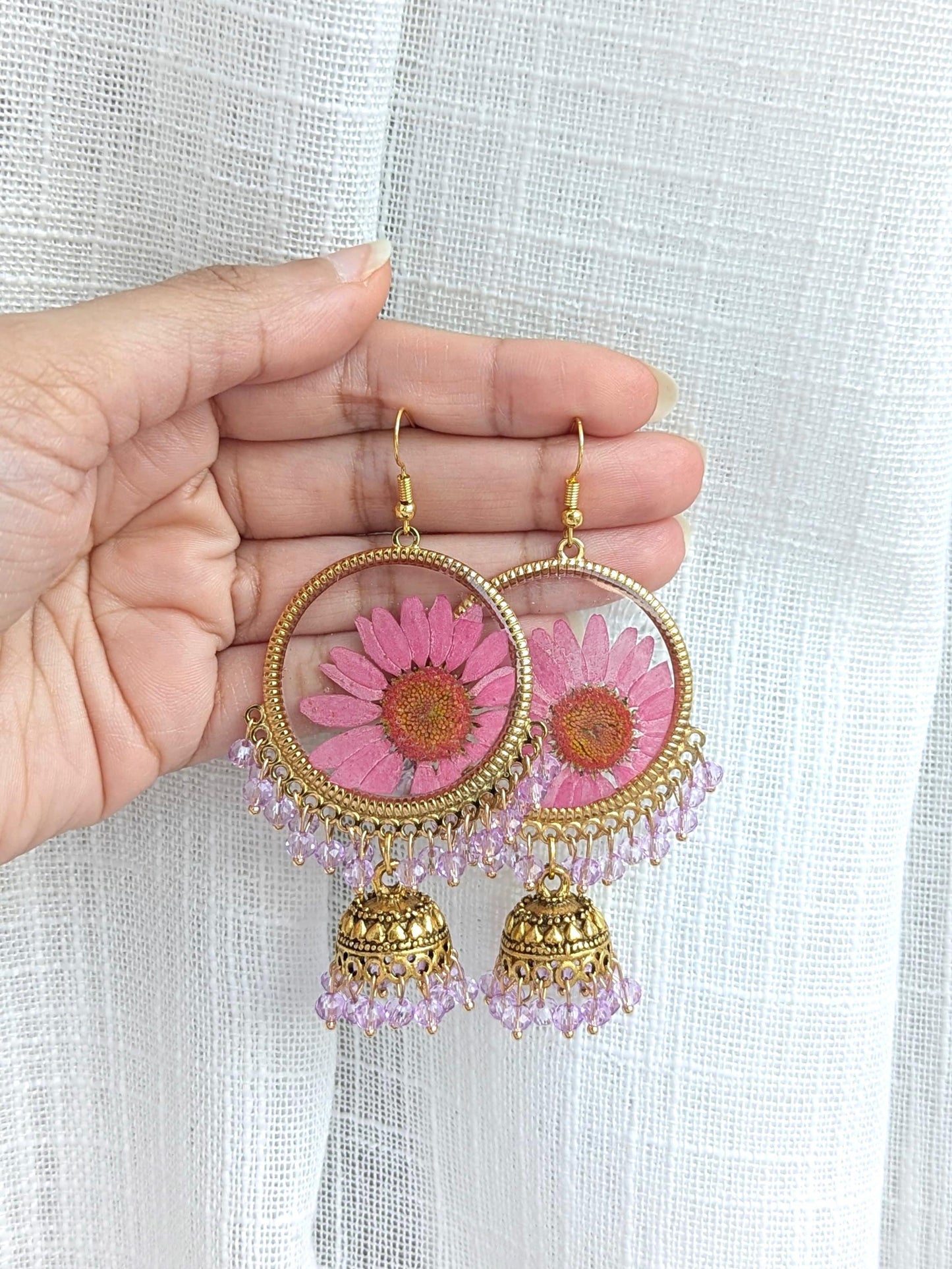 Pink and Purple Real Flowers Jhumkay in Gold