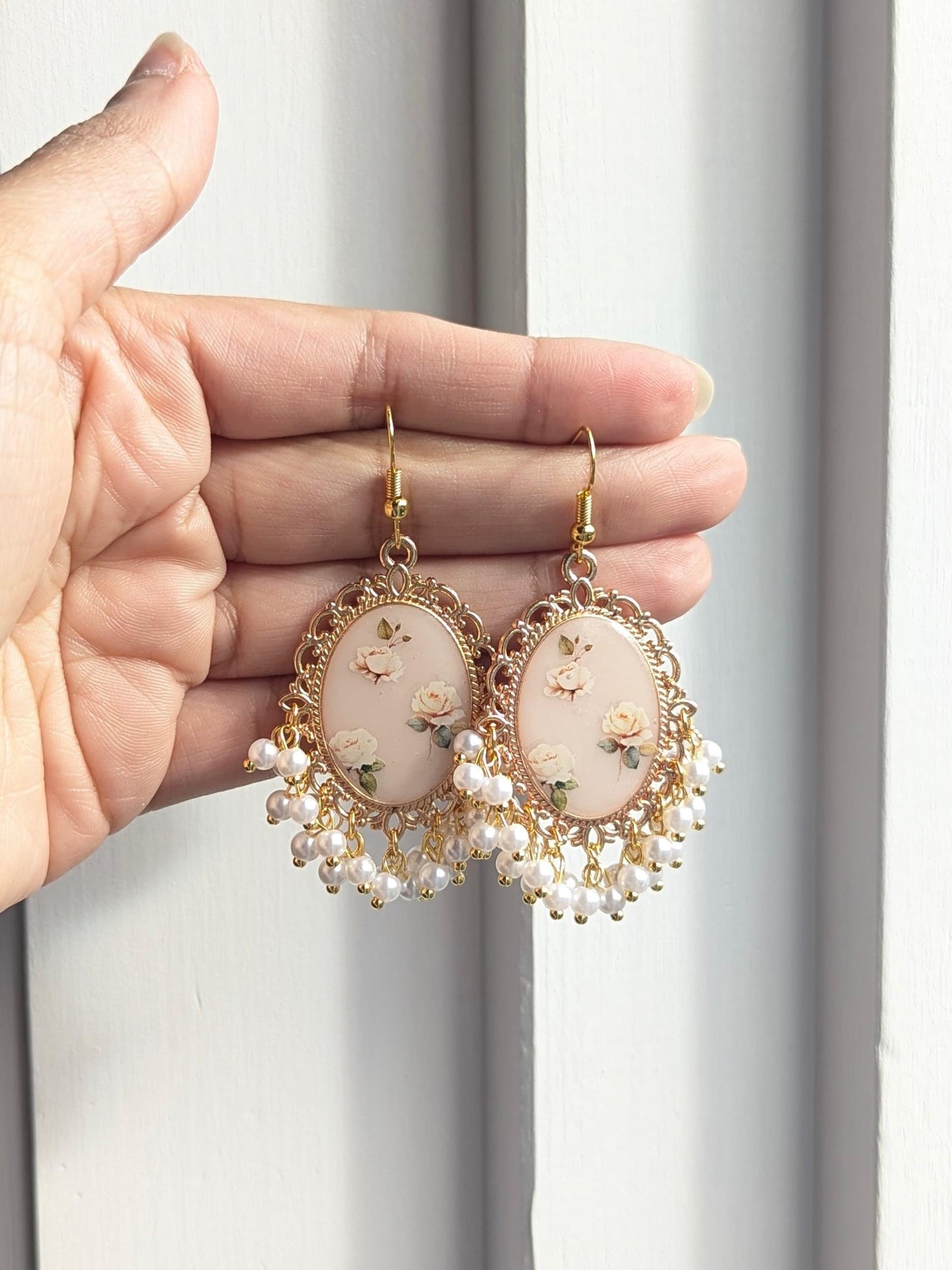 White Pearl Beige Floral Earrings