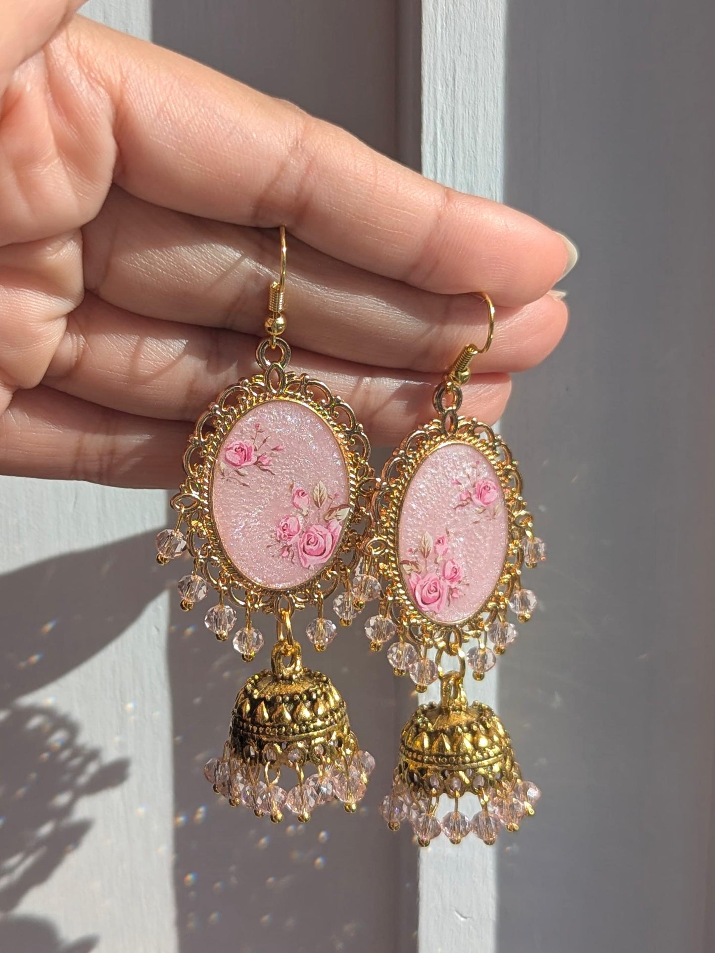 Shimmery Pink Jhumkay in Gold