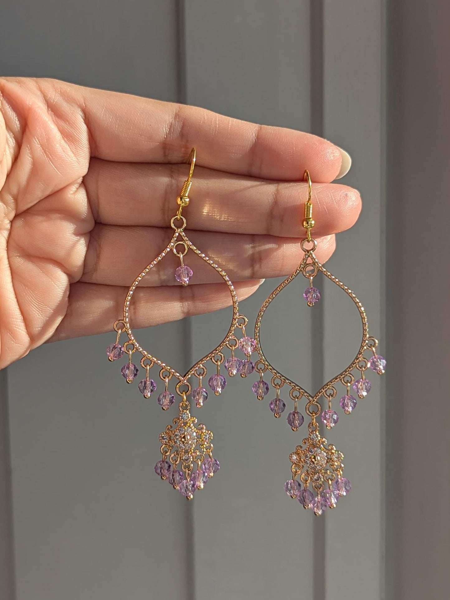Purple Dainty Drop Earrings in Gold