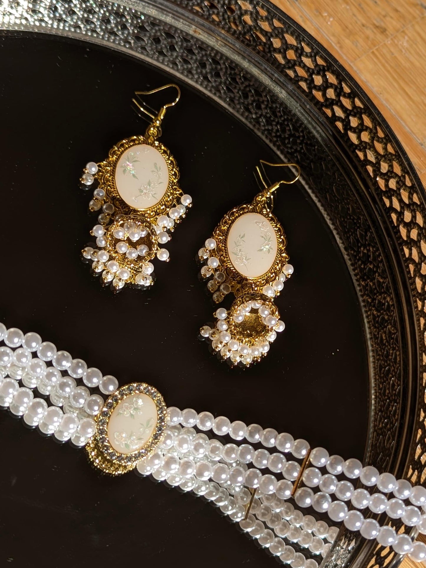 White Floral Jhumka and Choker Set