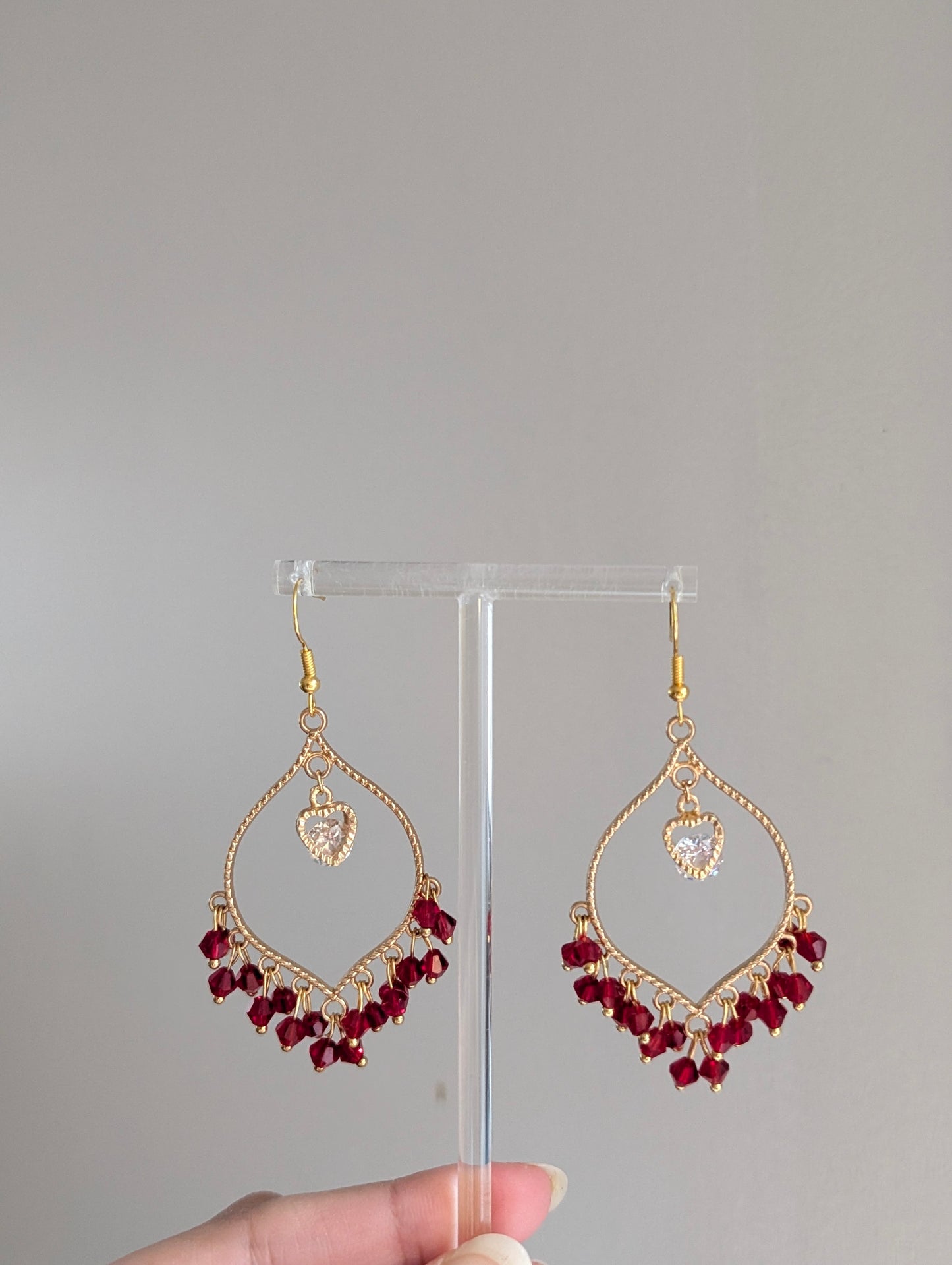 Maroon Heart Earrings in Gold