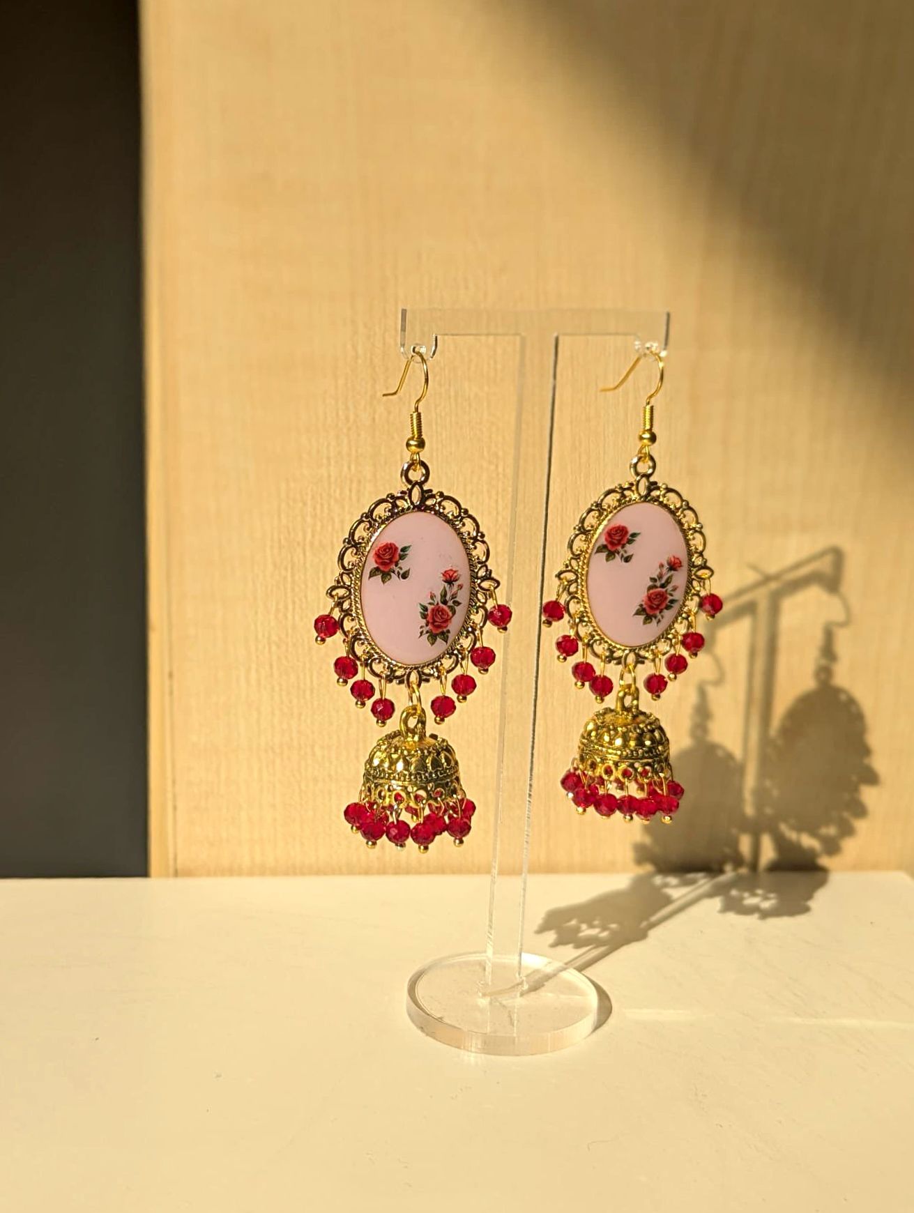 Pink and Red Roses Jhumka Earrings