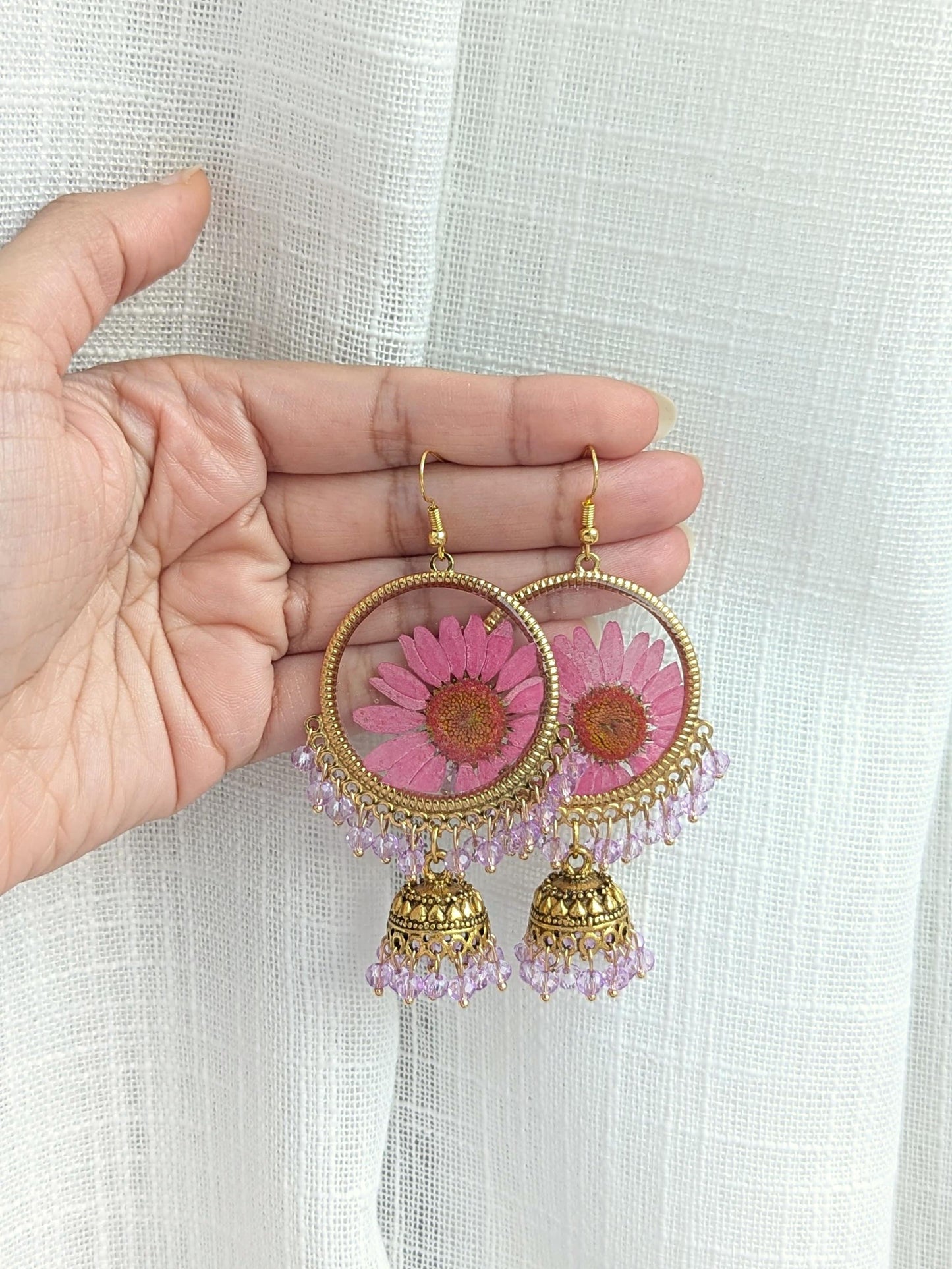 Pink and Purple Real Flowers Jhumkay in Gold