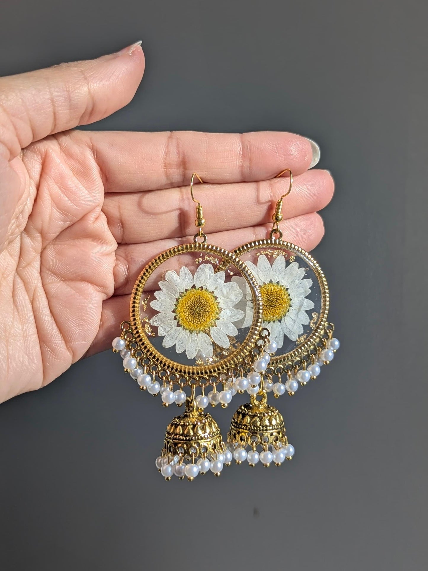 All White Flower Preserved Gold Jhumkas