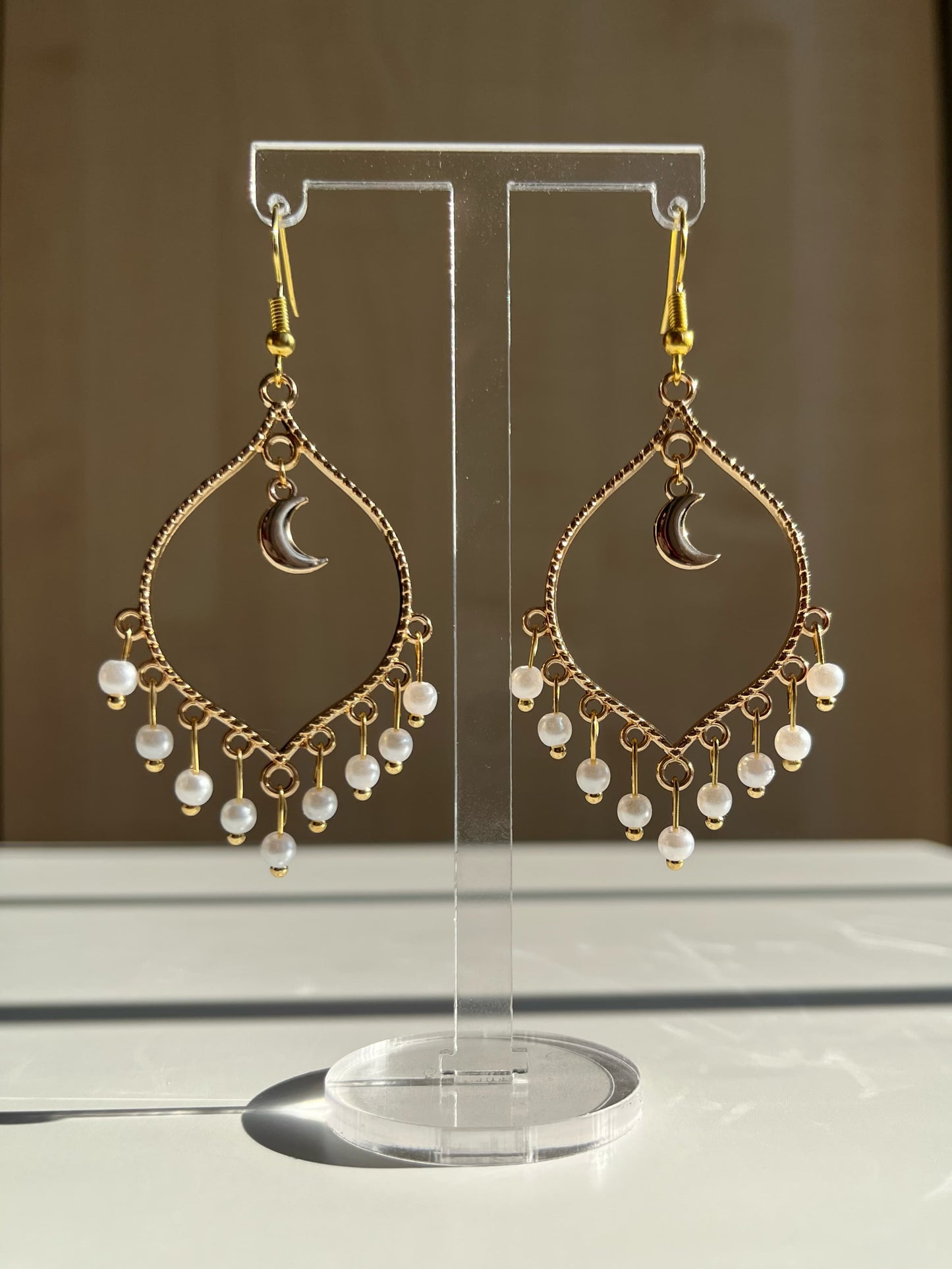 Gold Moonlight Pearl Crystal Earrings