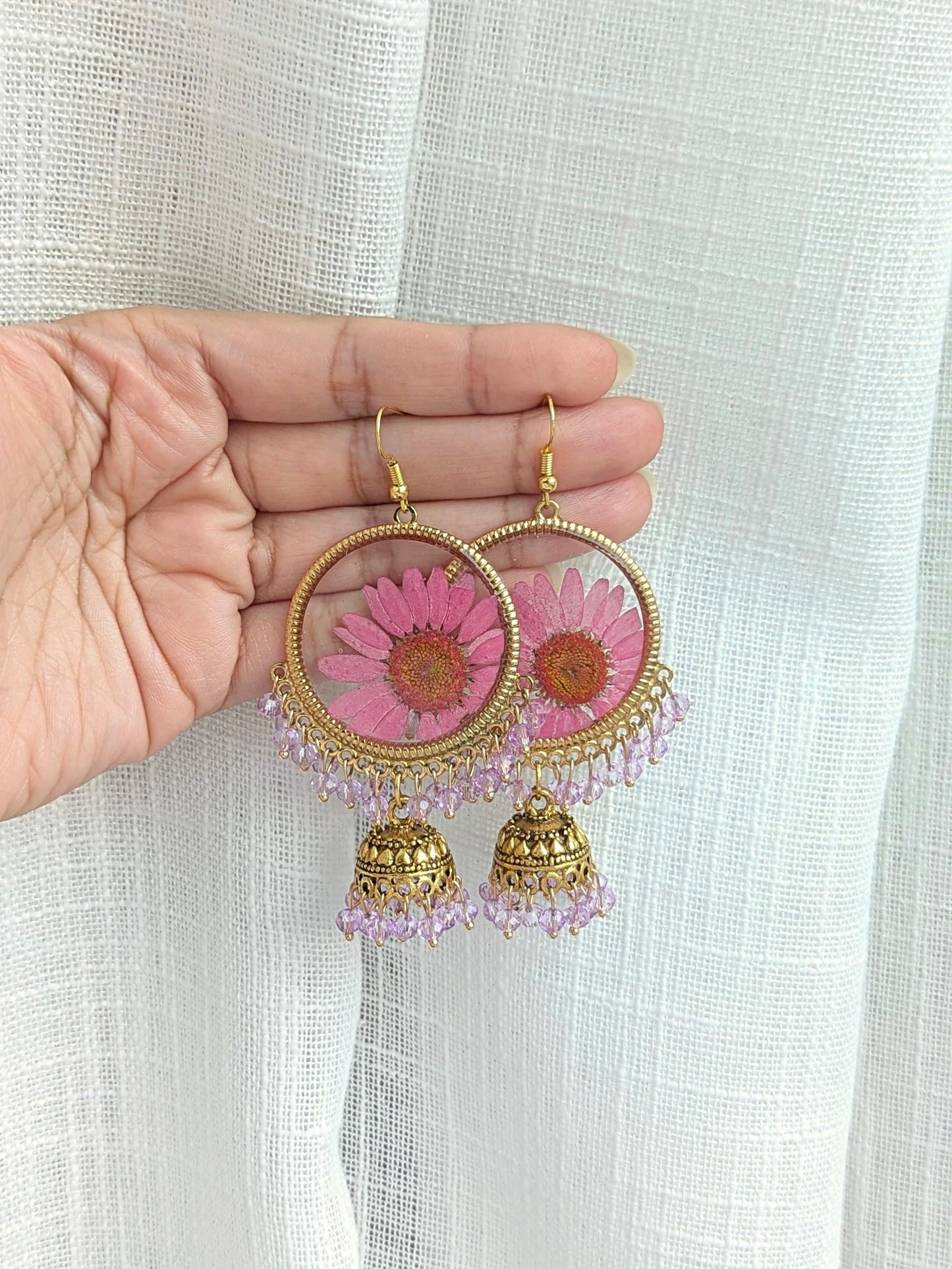 Pink and Purple Real Flowers Jhumkay in Gold
