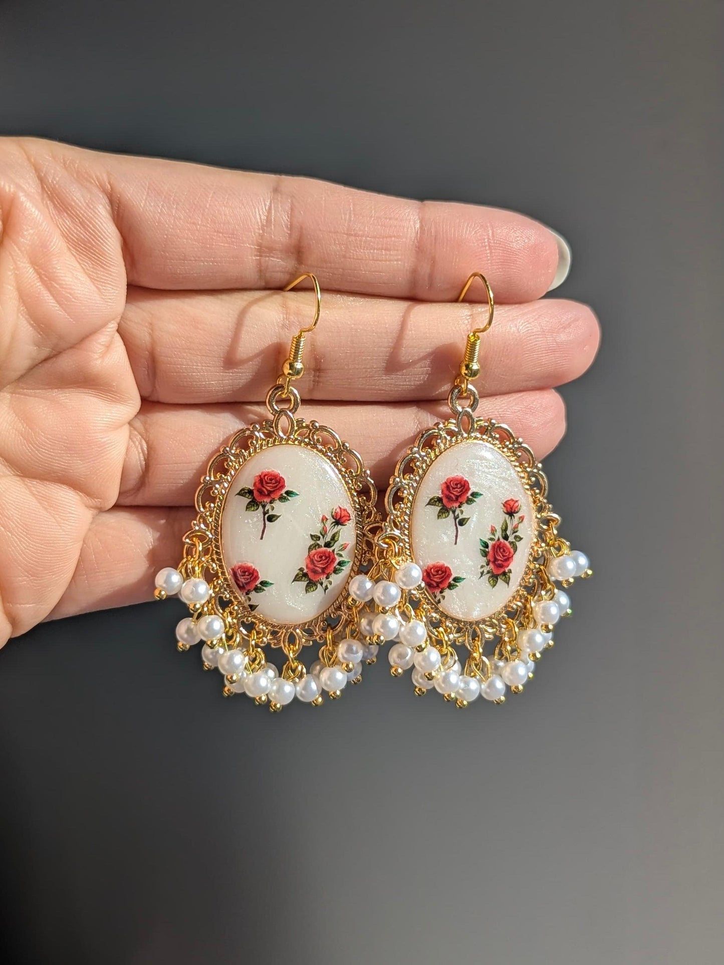 White Pearl Red Roses Earrings