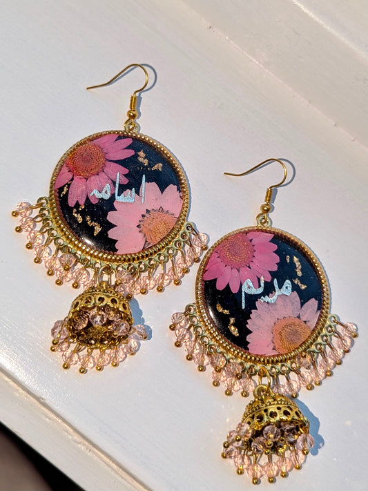 Him & Her Black and Pink Floral Name Jhumkas
