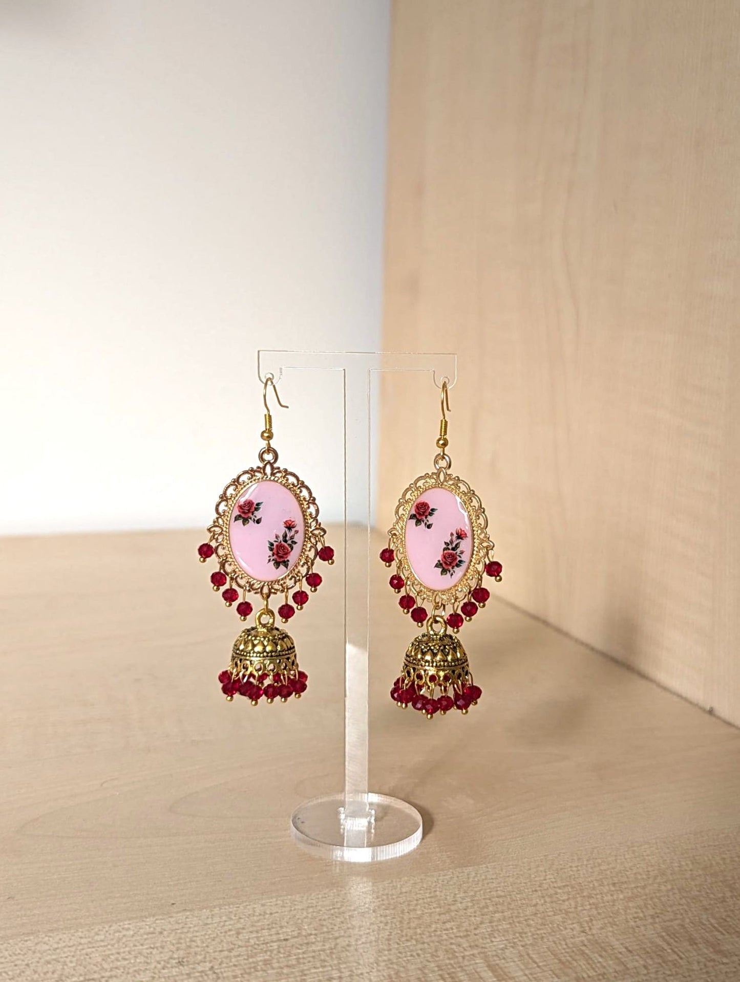 Pink and Red Roses Jhumka Earrings