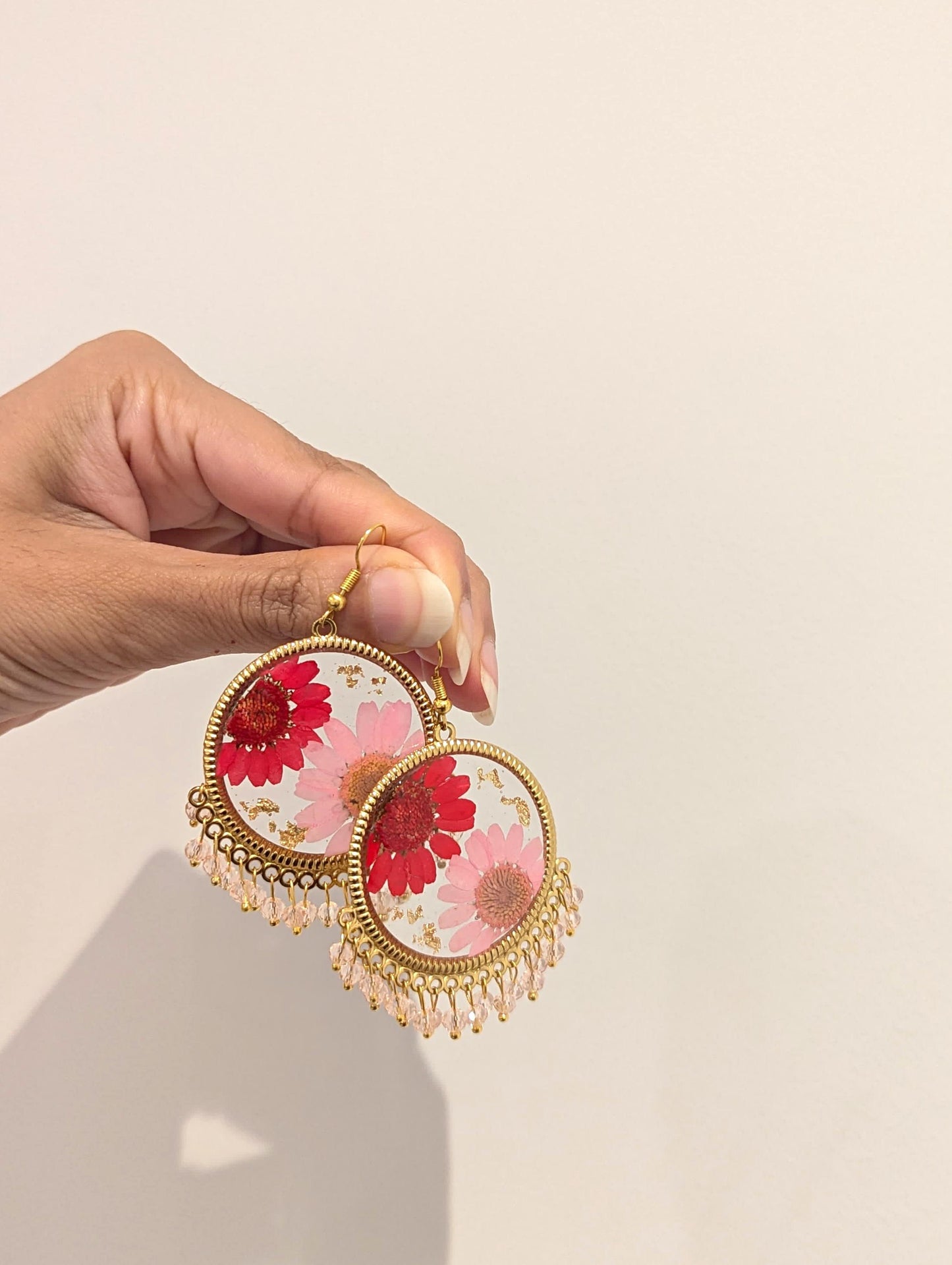 Pink and Red Floral preserved Gold Earrings