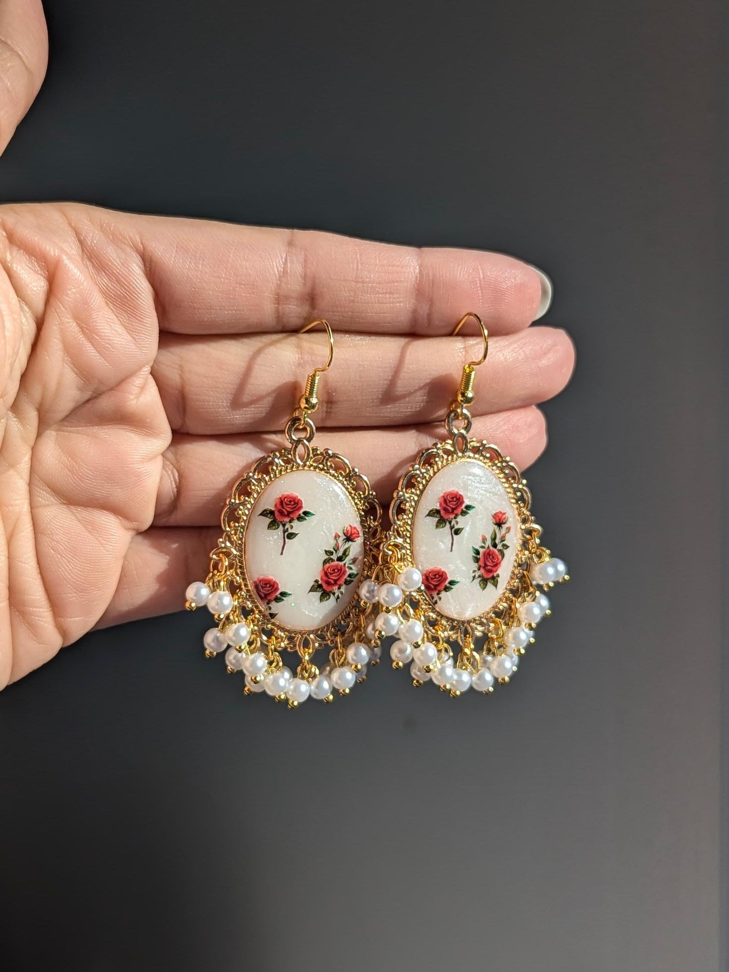 White Pearl Red Roses Earrings