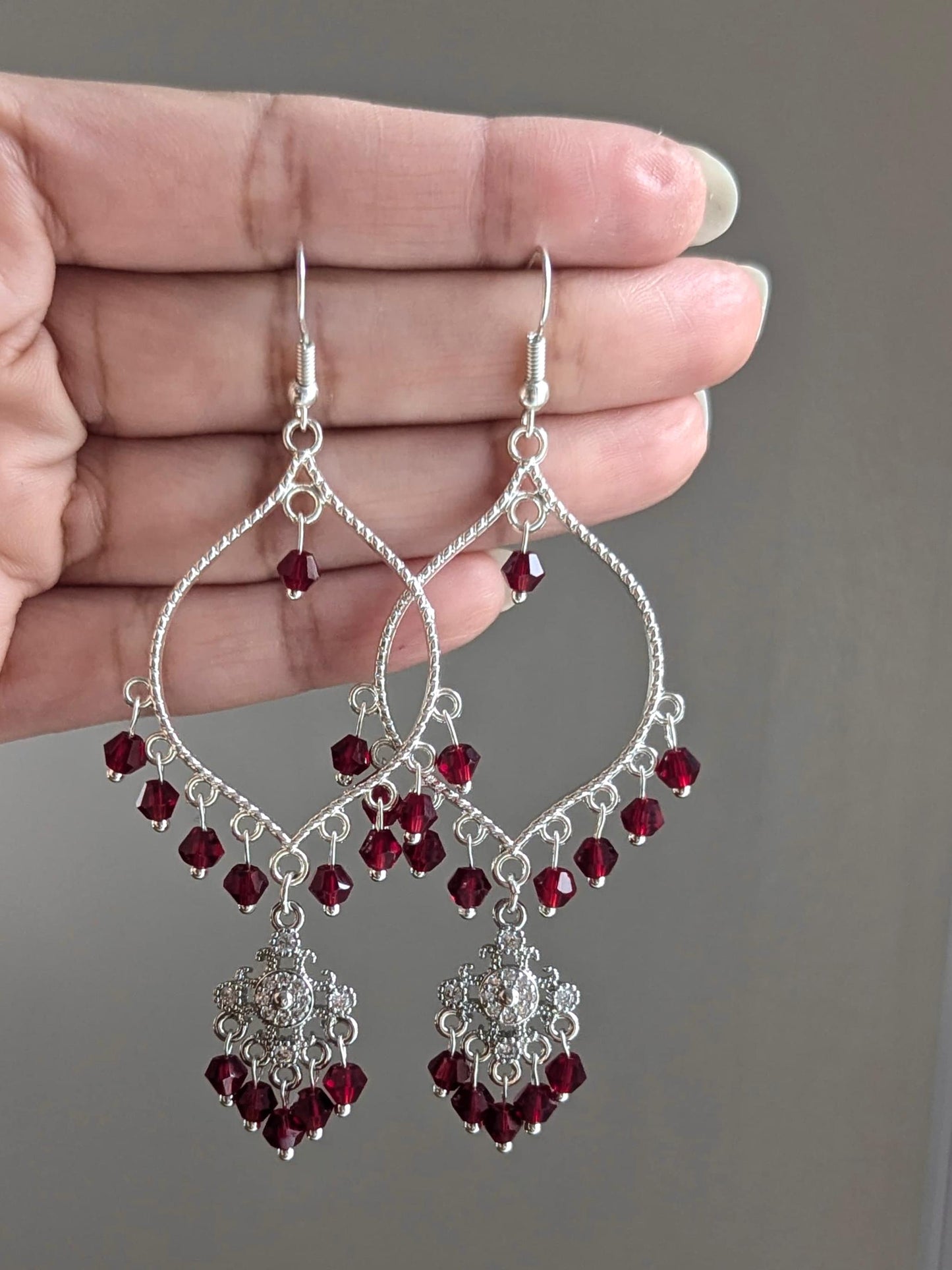 Maroon Dainty Drop Earrings in Silver