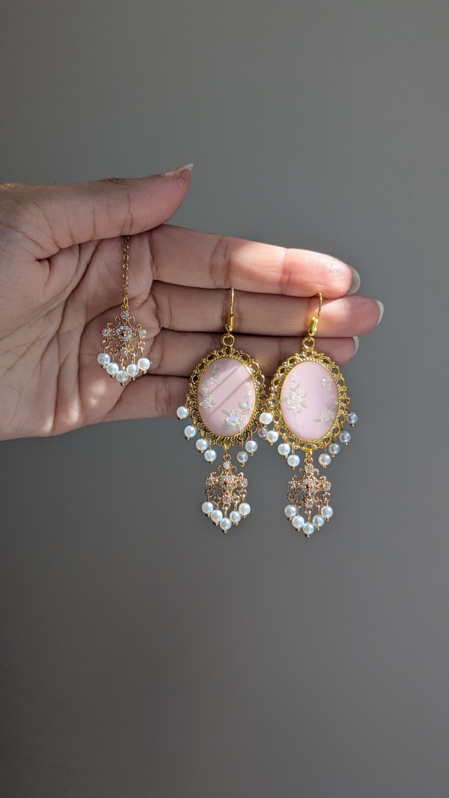 Pink Dainty Drop Earring and Tikka Set