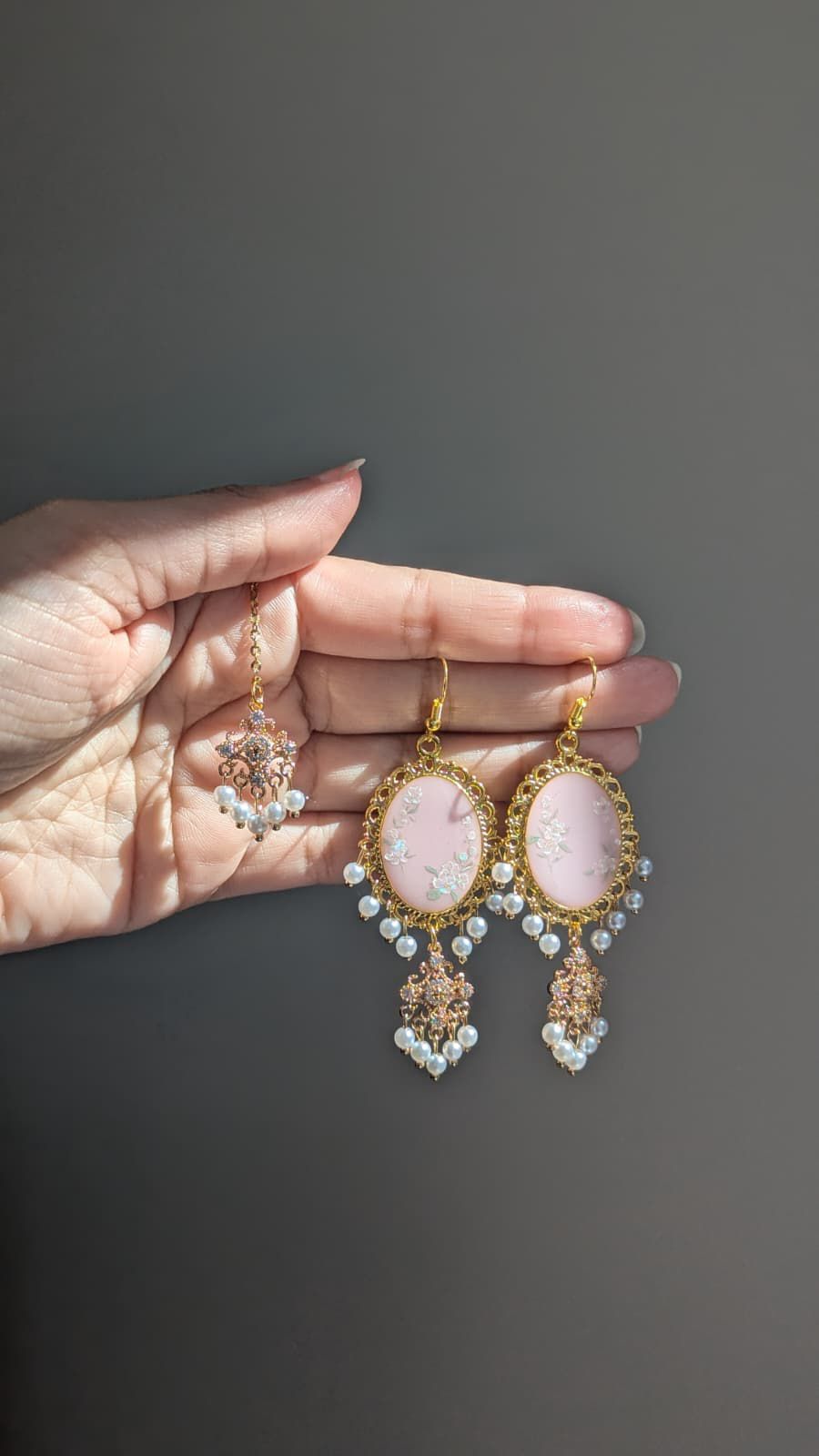 Pink Dainty Drop Earring and Tikka Set