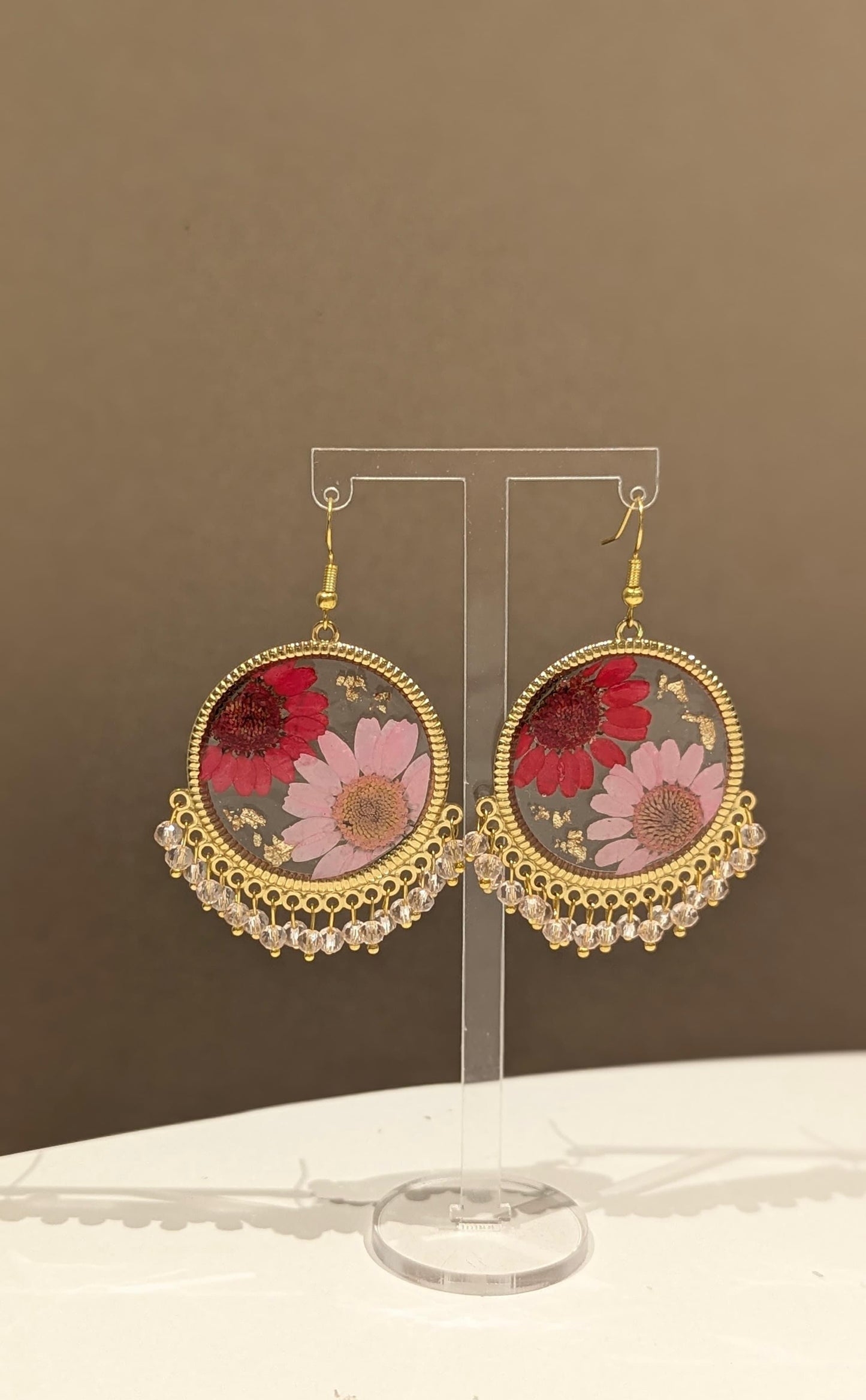 Pink and Red Floral preserved Gold Earrings