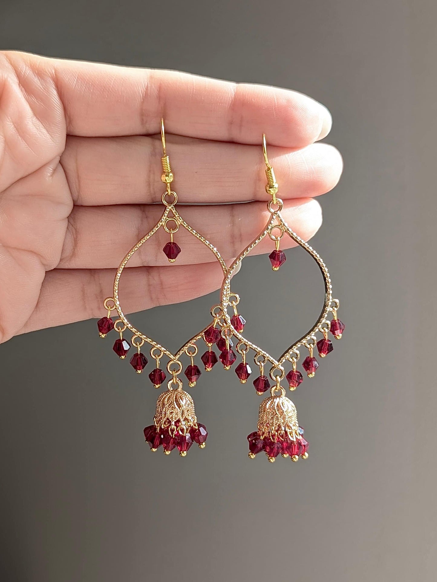 Maroon Jhumki Drop Earrings in Gold