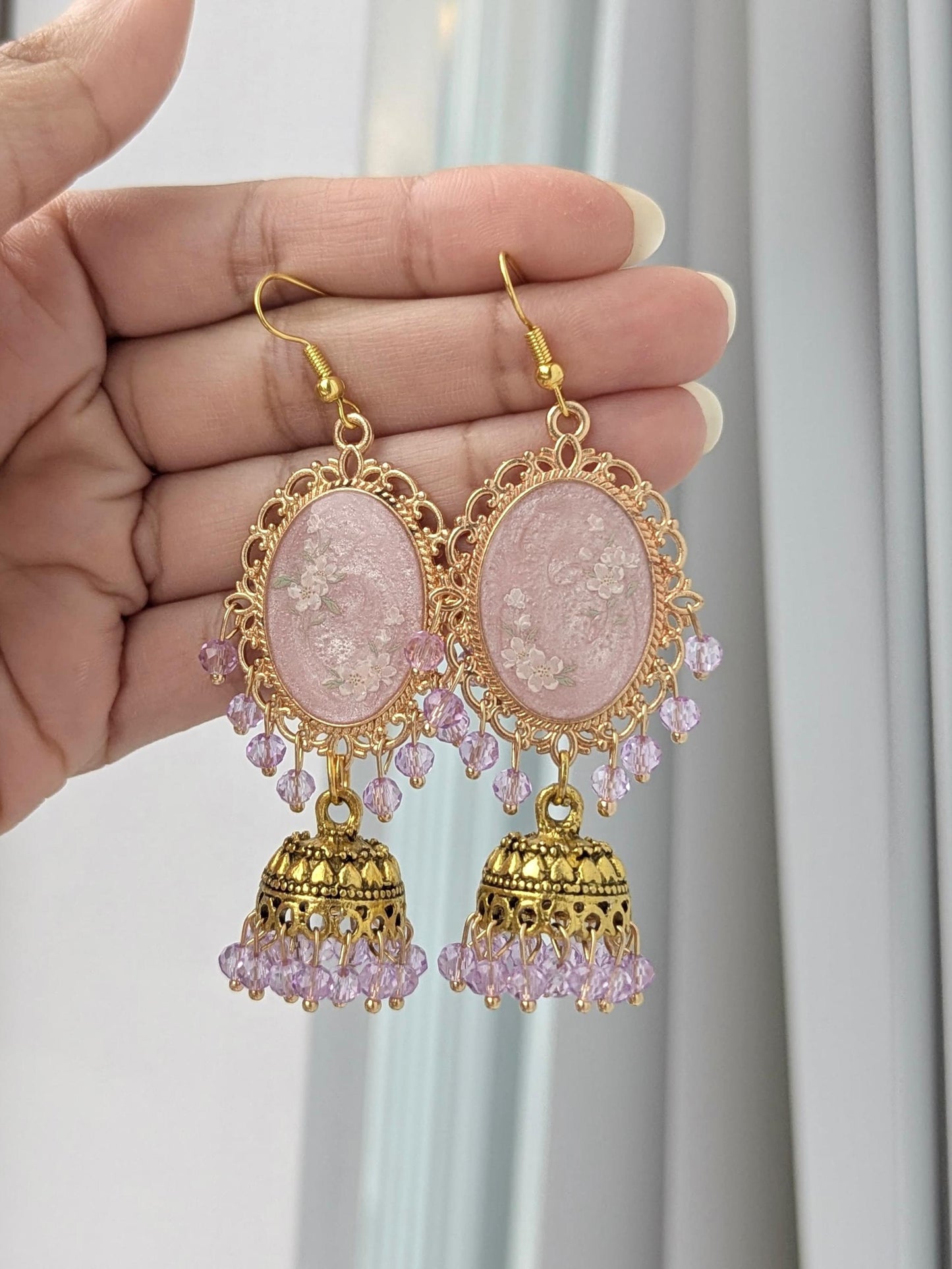 Pink and Lilac Dreamy Jhumkas in Gold