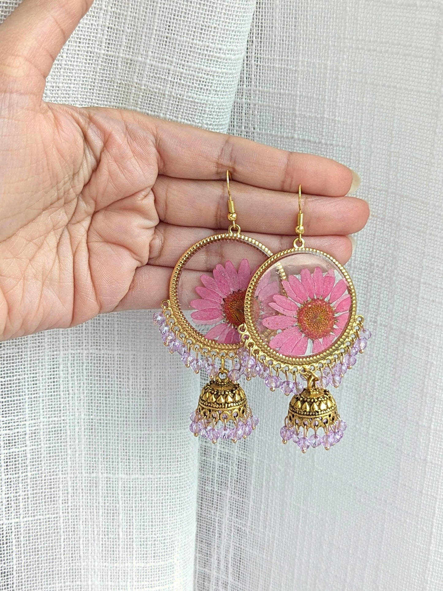 Pink and Purple Real Flowers Jhumkay in Gold