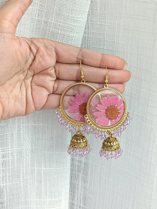 Pink and Purple Real Flowers Jhumkay in Gold