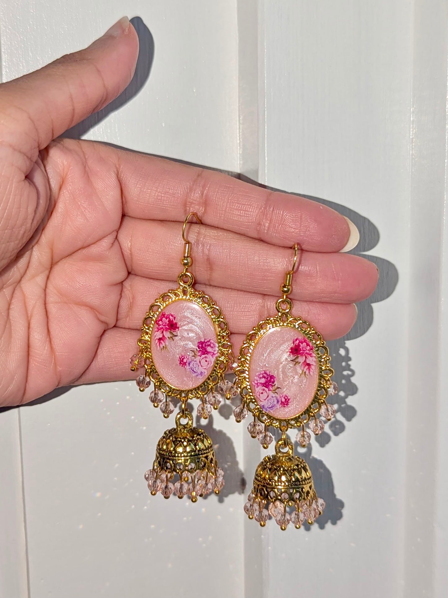 Multi Pink Shimmery Jhumkay in Gold