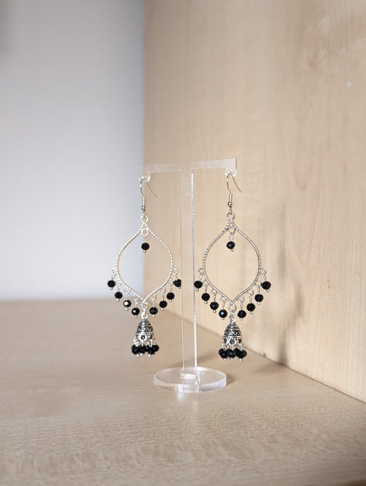 Black Jhumka Drop Earrings in Silver