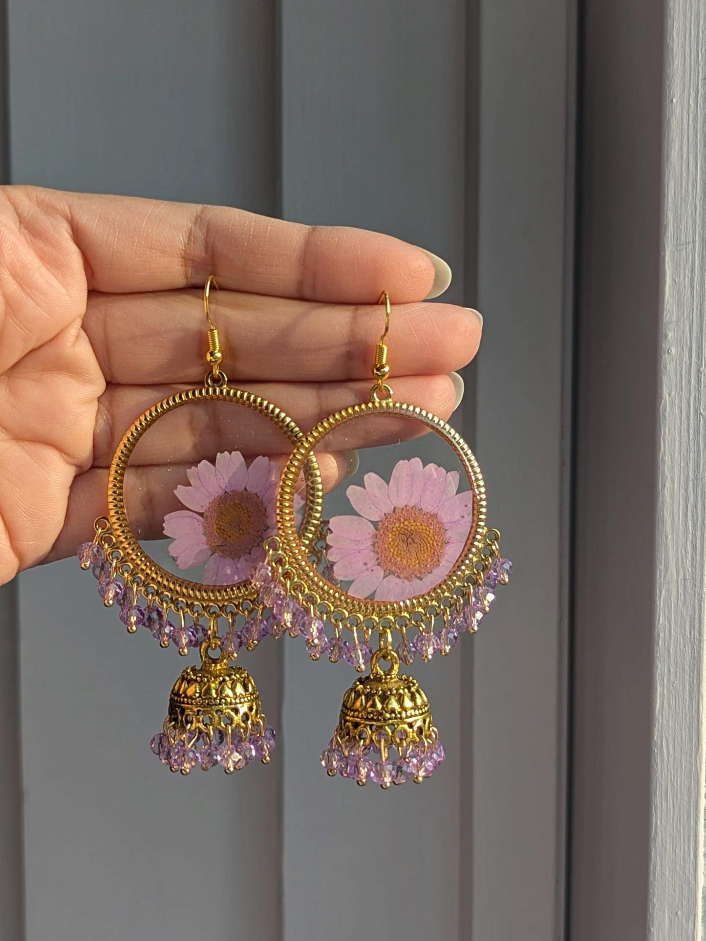 Purple Real Flowers Jhumkay in Gold