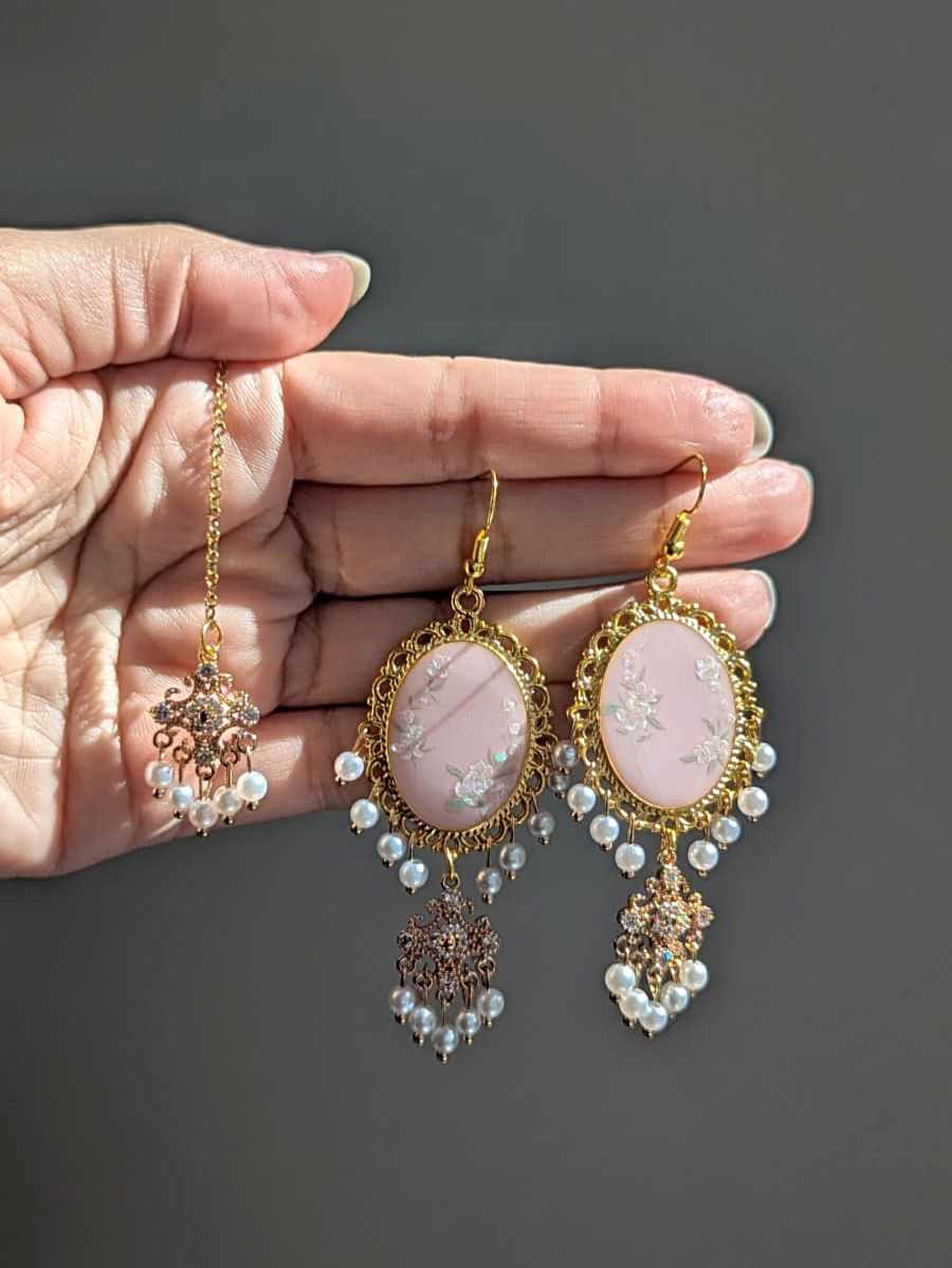 Pink Dainty Drop Earring and Tikka Set