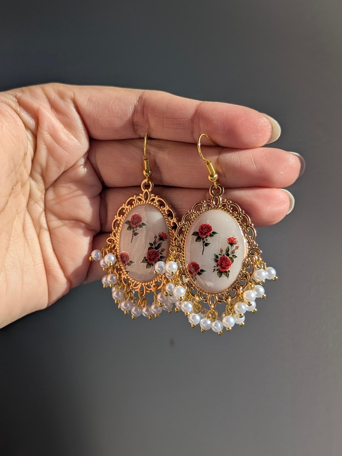 White Pearl Red Roses Earrings
