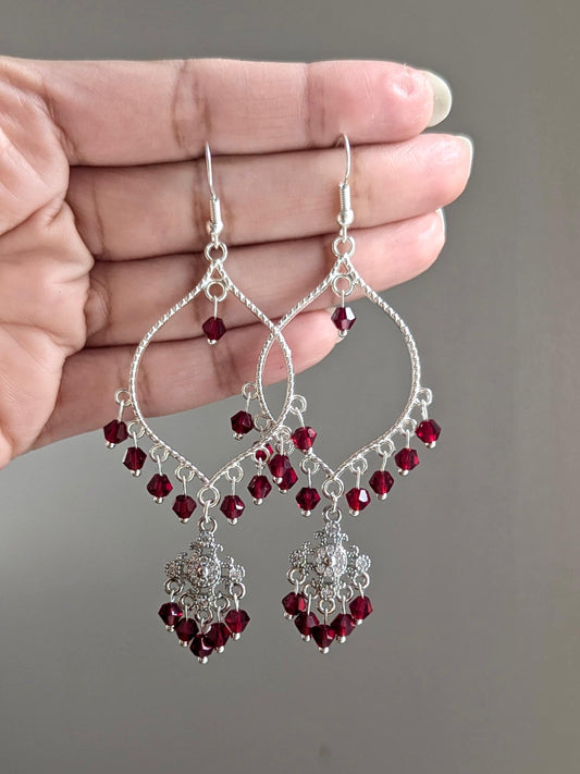 Maroon Dainty Drop Earrings in Silver