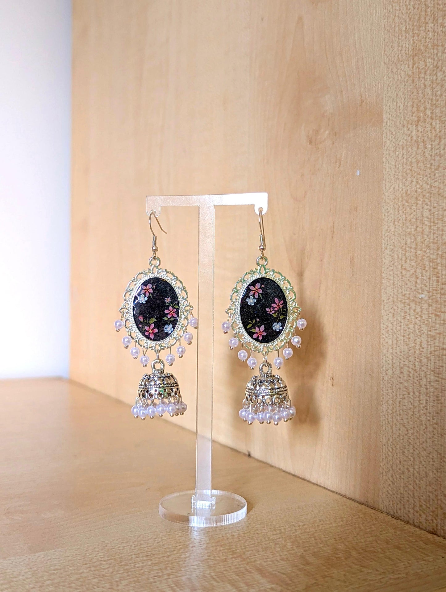 Multicolor Black Floral Resin Jhumka Earrings