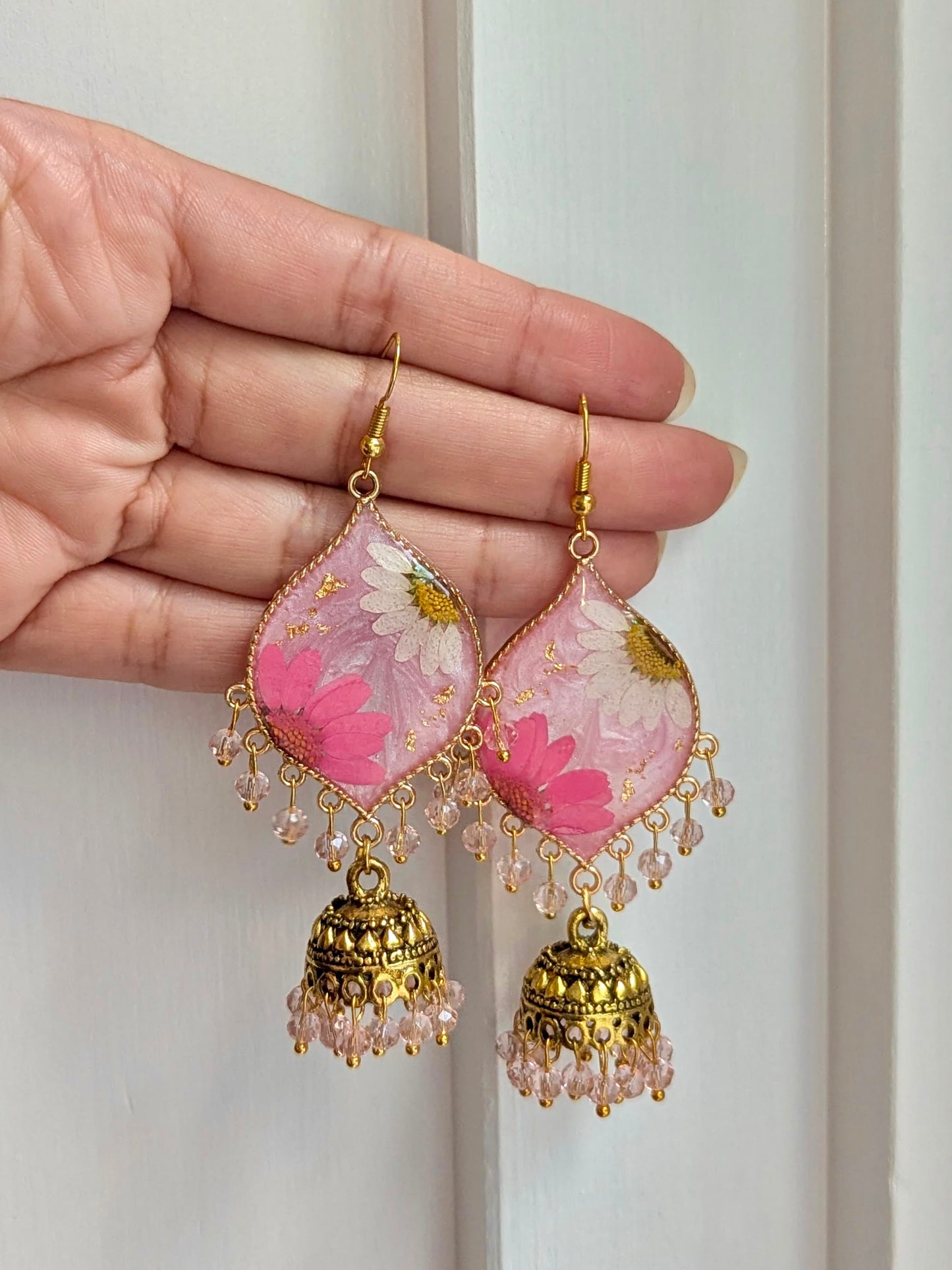 Shimmery Pink and White Floral Jhumkay