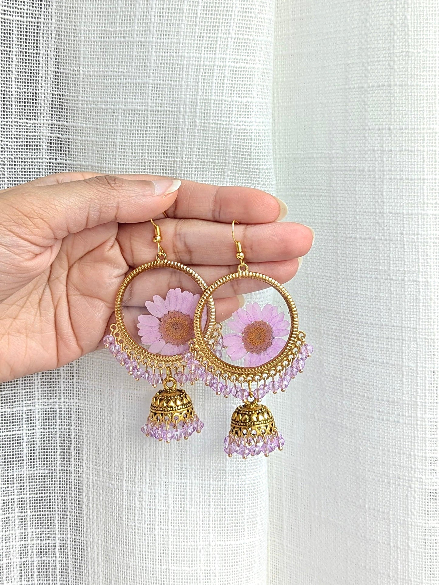 Purple Real Flowers Jhumkay in Gold
