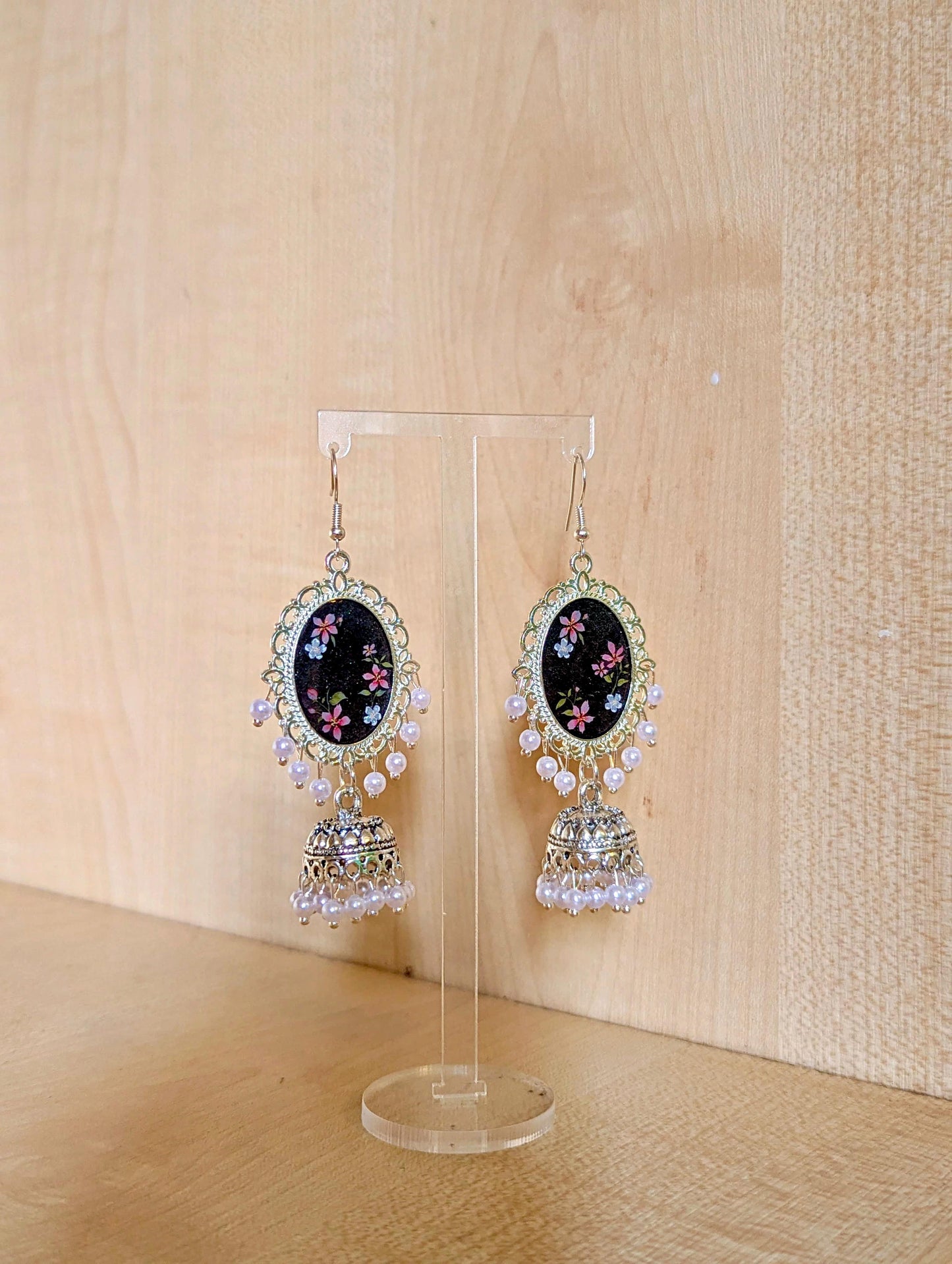 Multicolor Black Floral Resin Jhumka Earrings