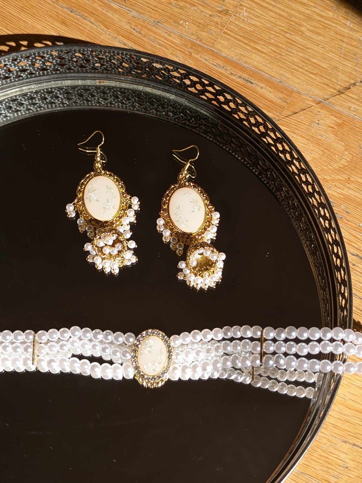 White Floral Jhumka and Choker Set