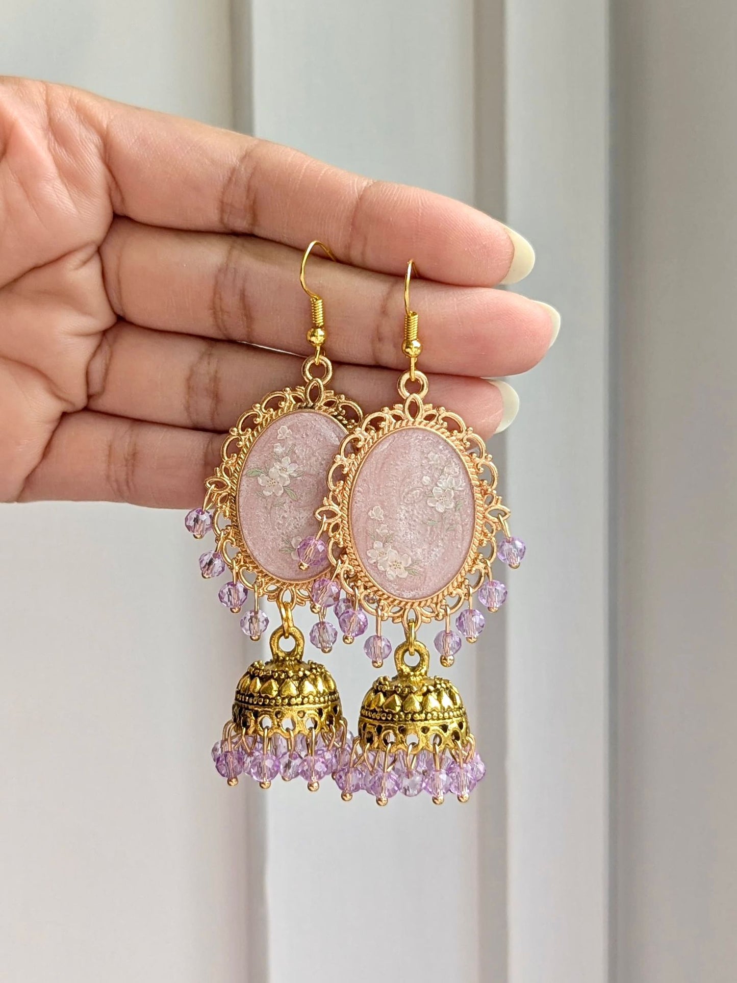 Pink and Lilac Dreamy Jhumkas in Gold