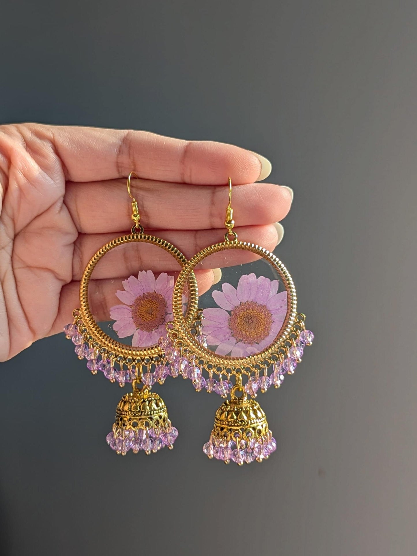 Purple Real Flowers Jhumkay in Gold
