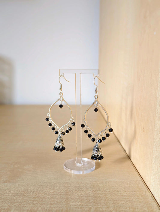 Black Jhumka Drop Earrings in Silver