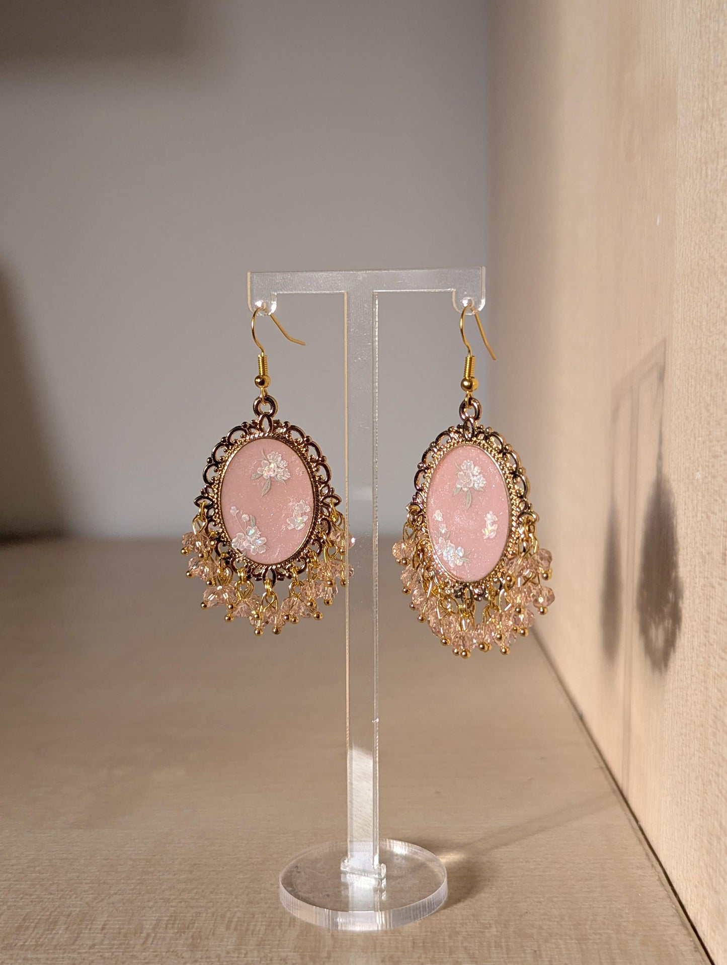 Peach Pink floral resin earrings in gold