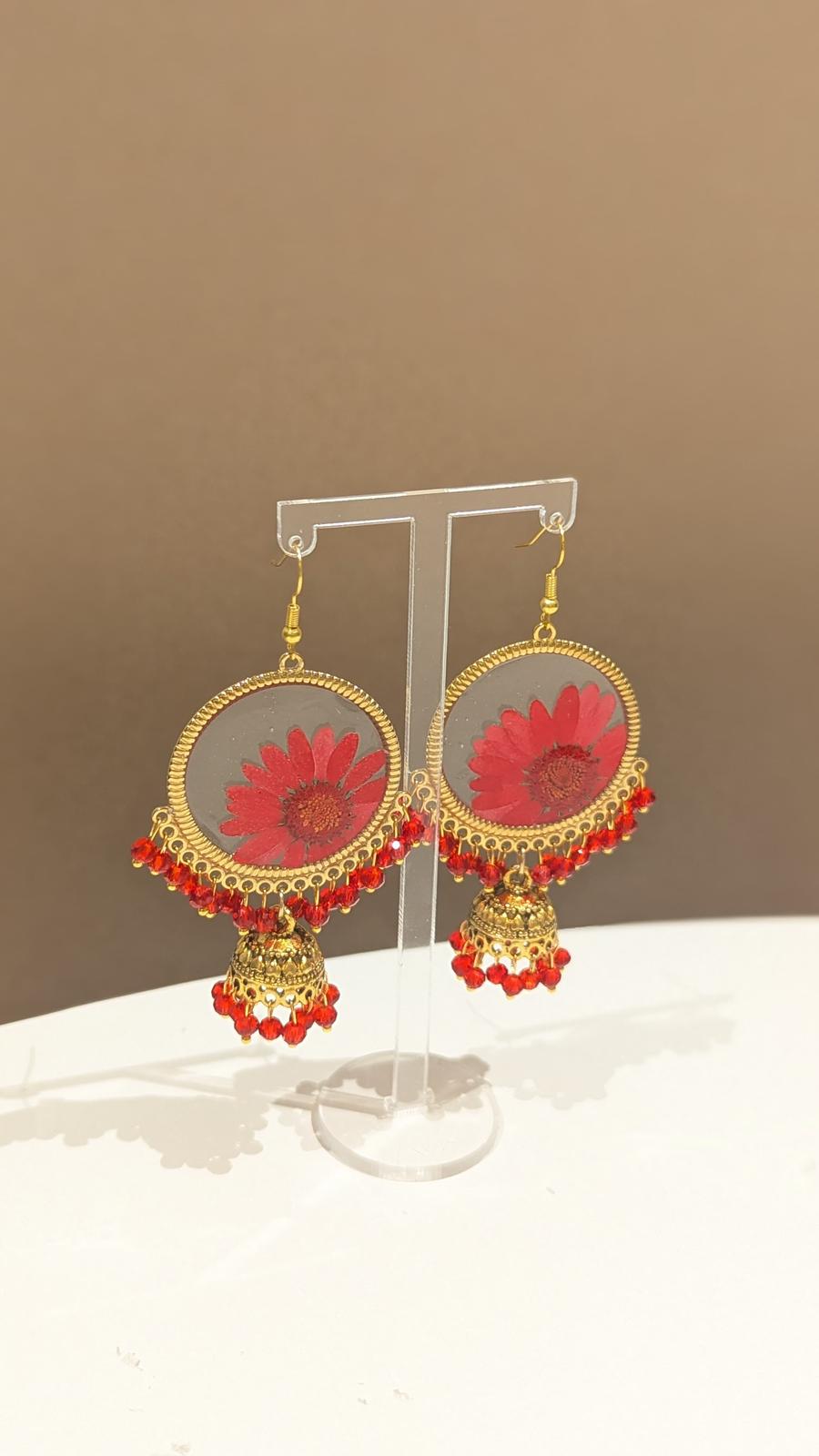 All Red Floral Preserved Jhumkas